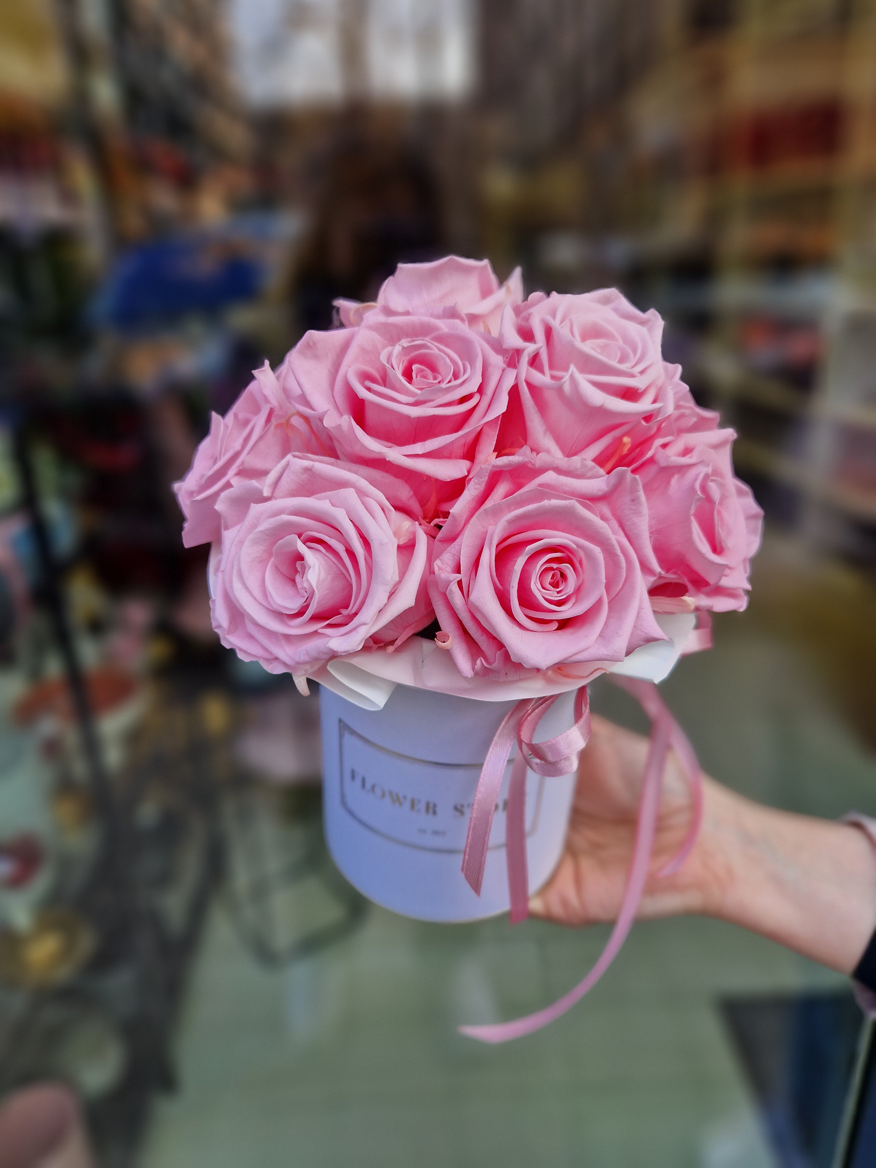 Eternal pink roses in a white box