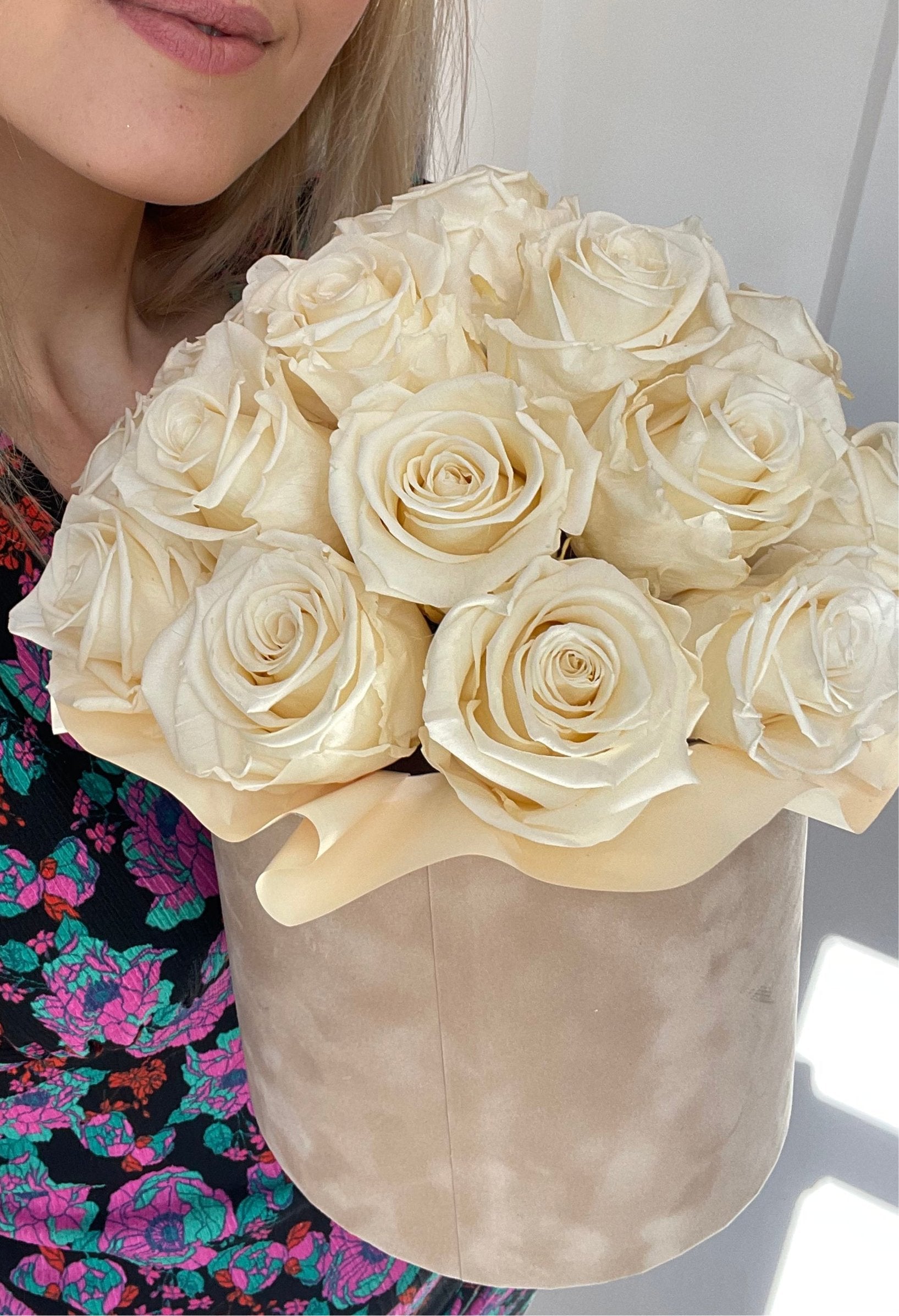 White eternal roses in a Beige and Caramel Box