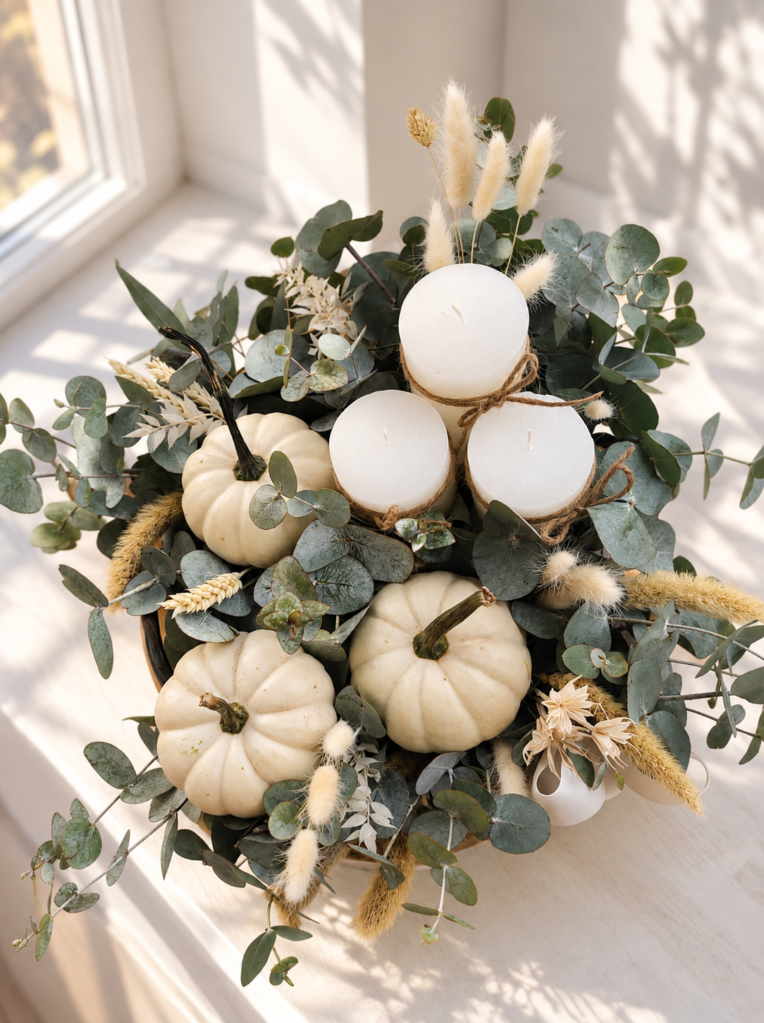 Green Garden composition with pumpkins and candles