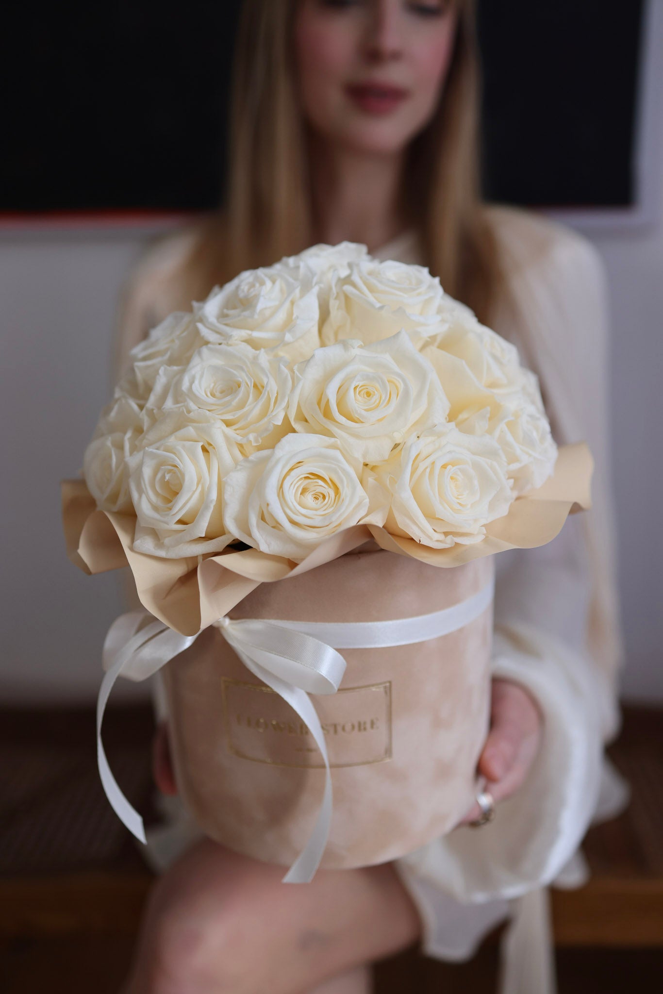 White eternal roses in a Beige and Caramel Box