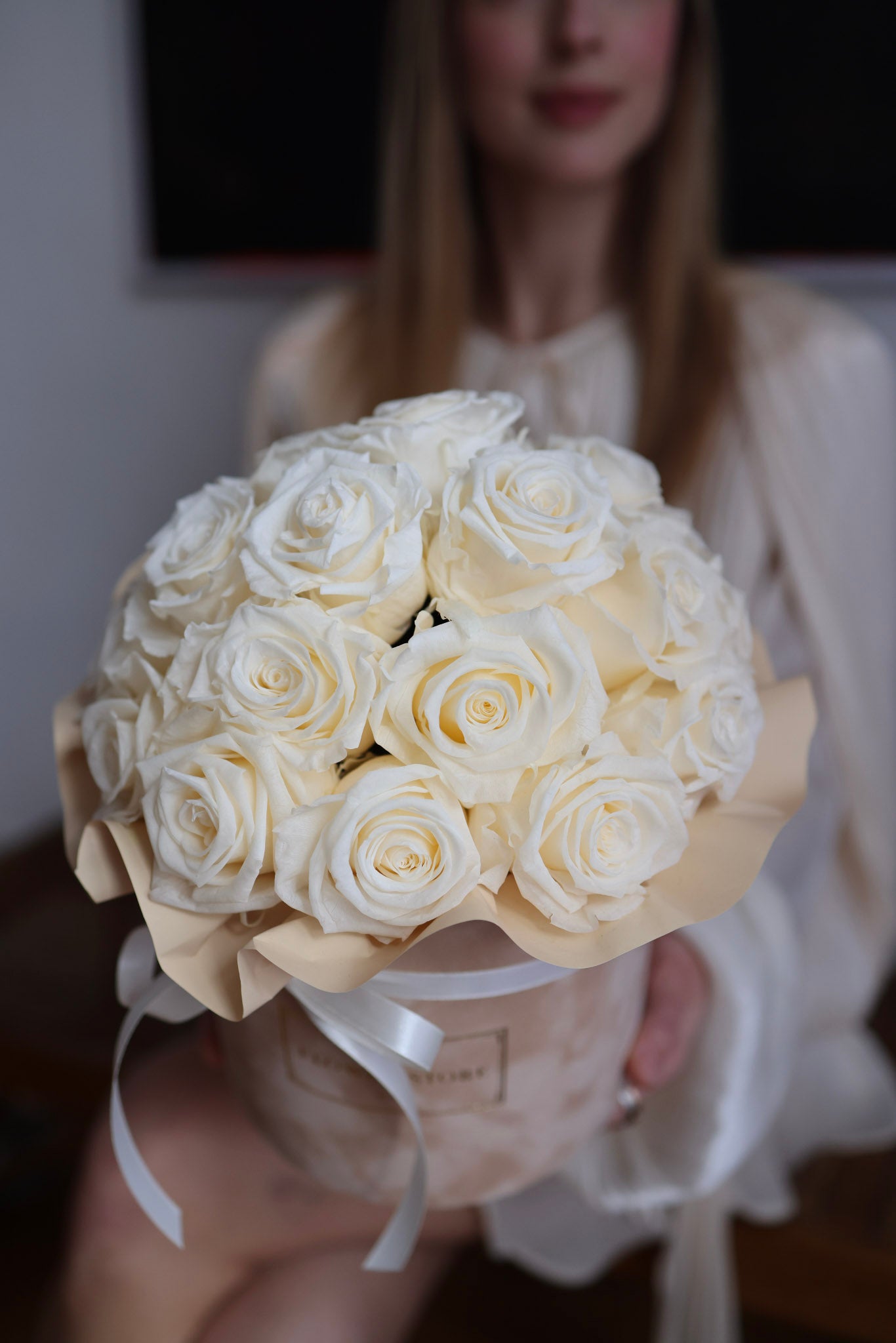 White eternal roses in a Beige and Caramel Box