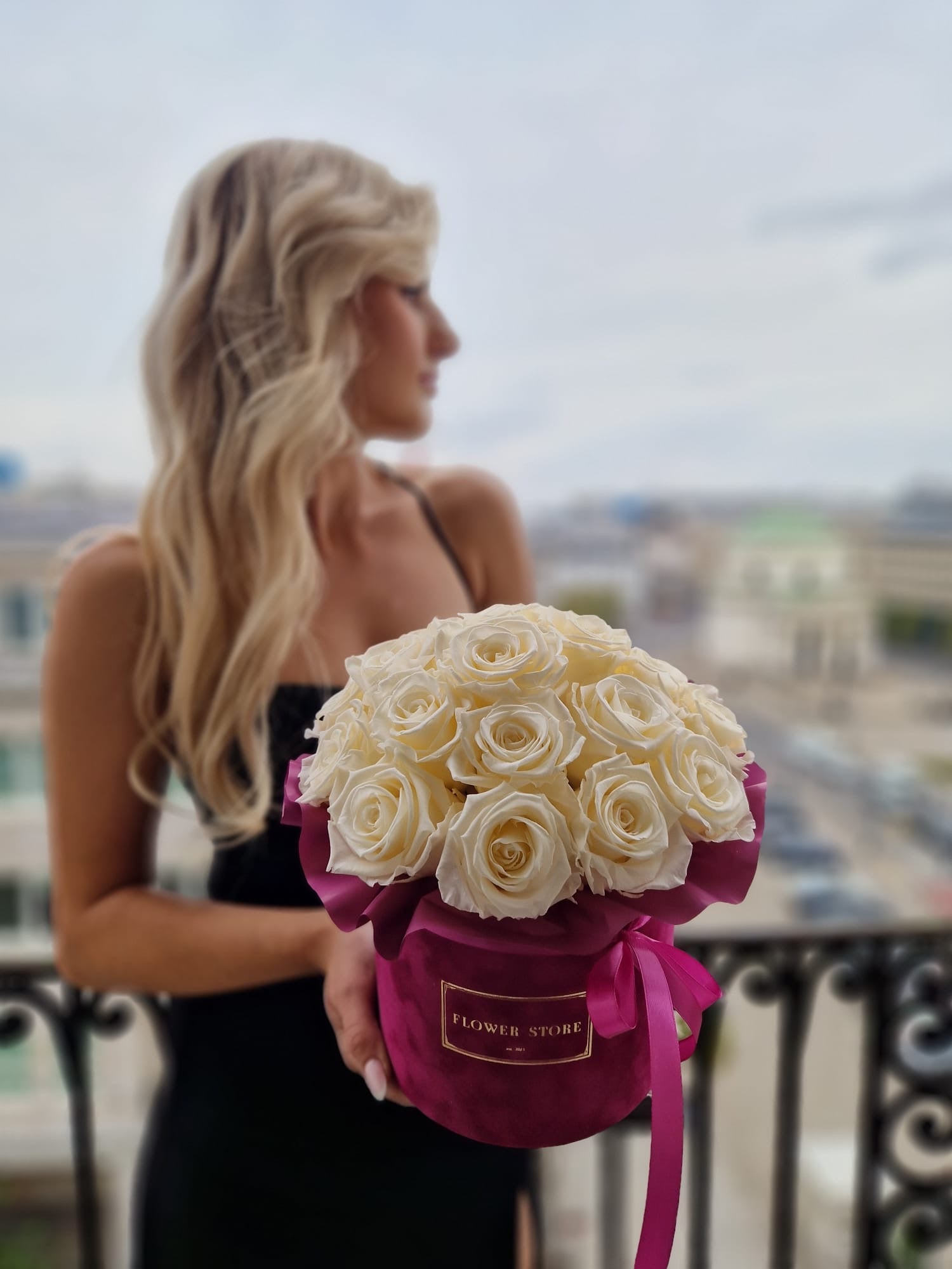 Eternal cream roses in a fuchsia box