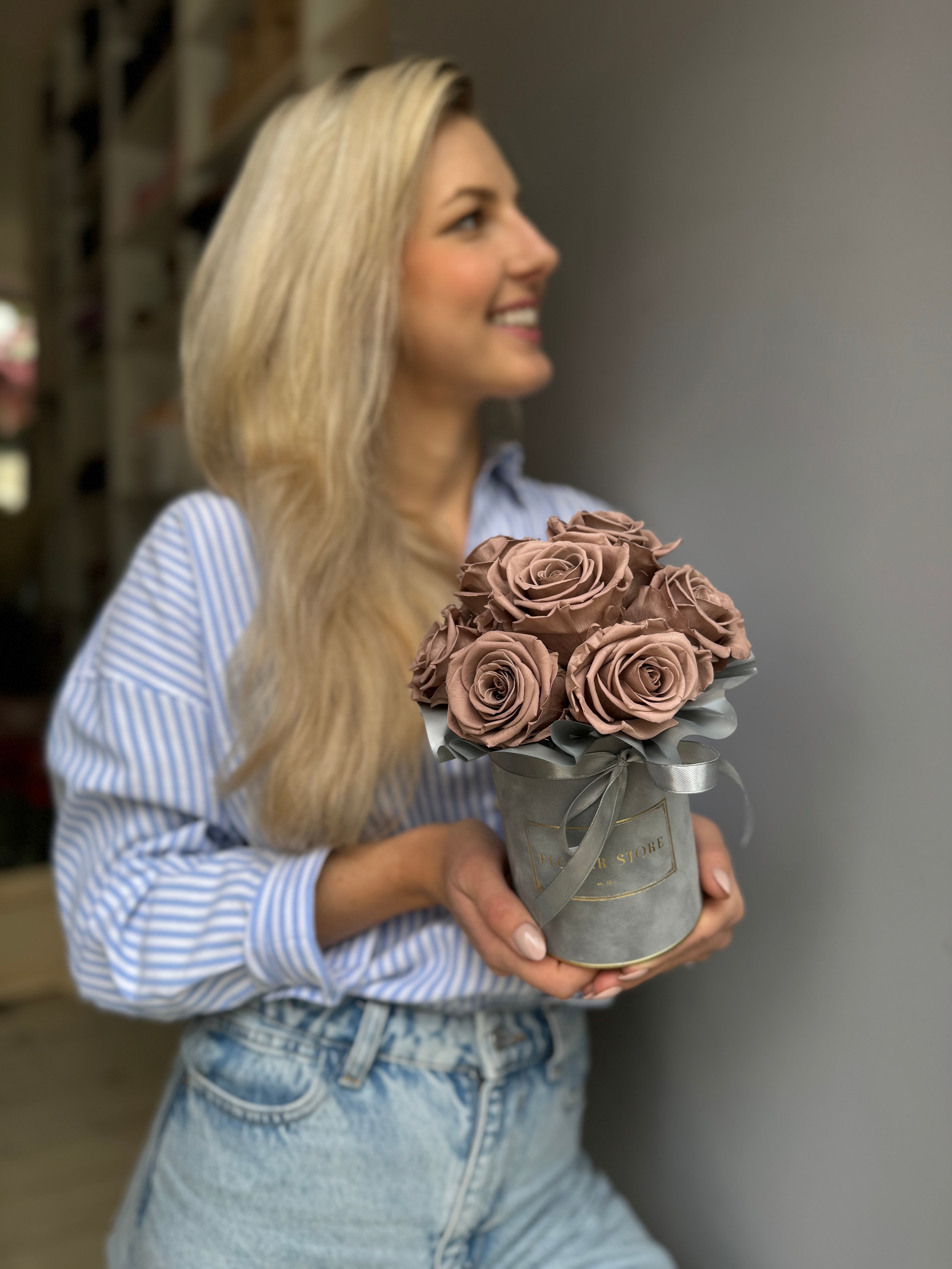 Midnight Toff's eternal roses in a gray flocked box