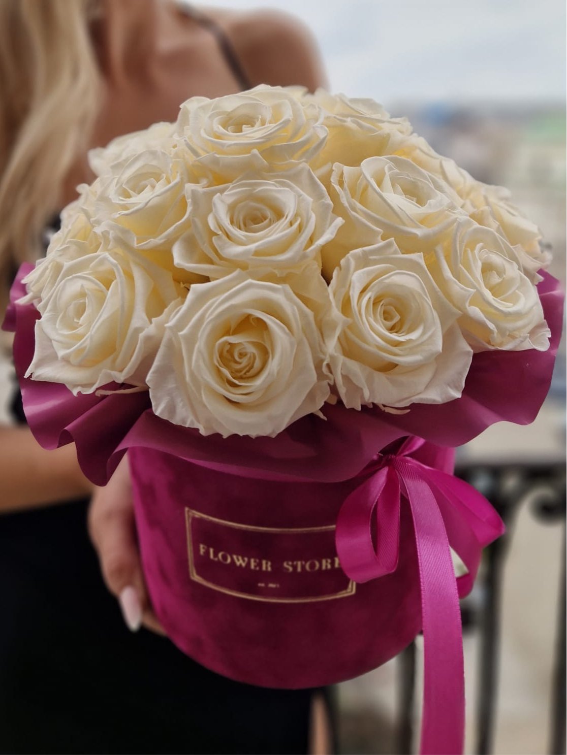 Eternal cream roses in a fuchsia box