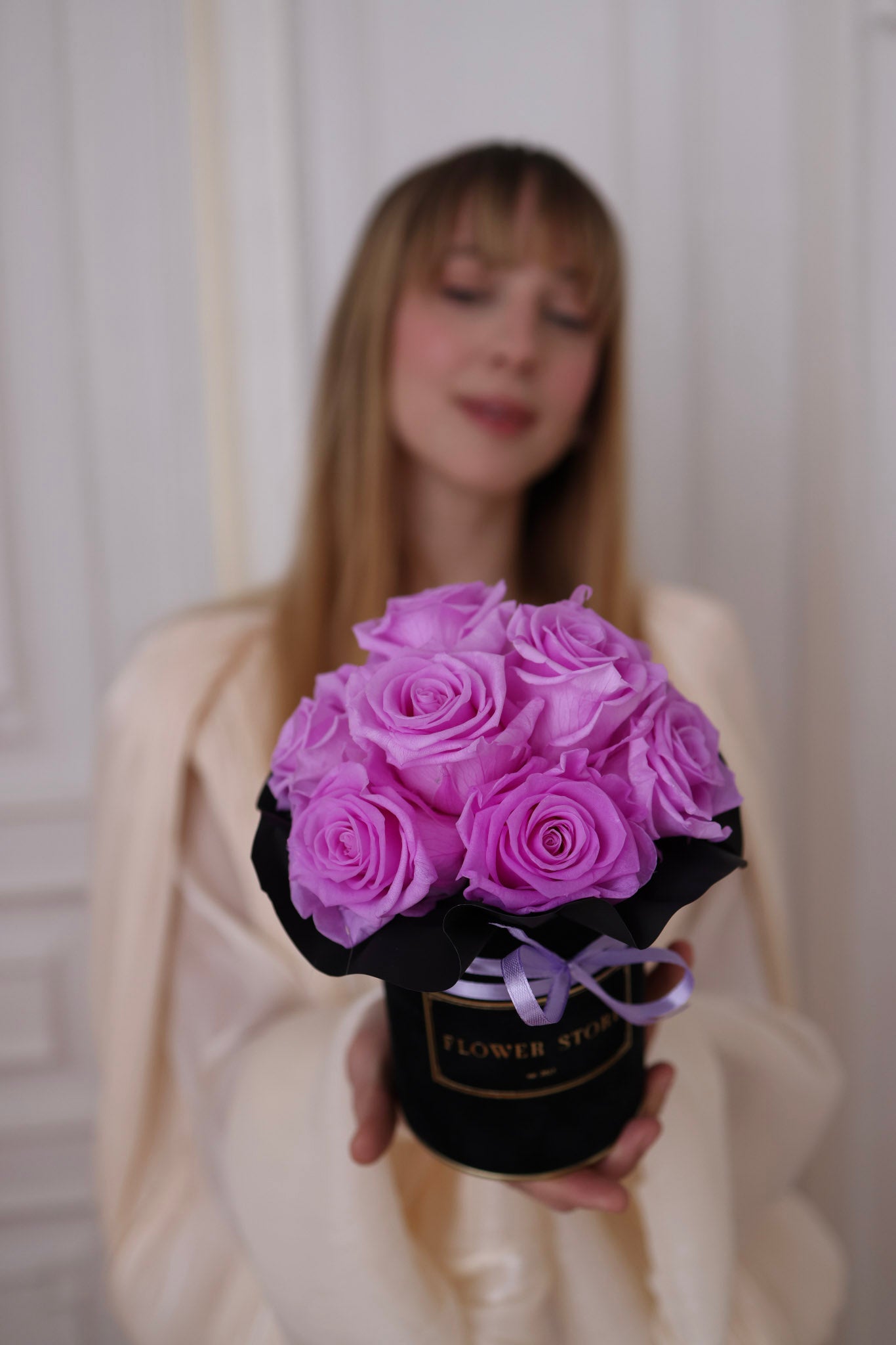 Flowerbox Wieczne Liliowe Róże „Lawendowa elegancja”