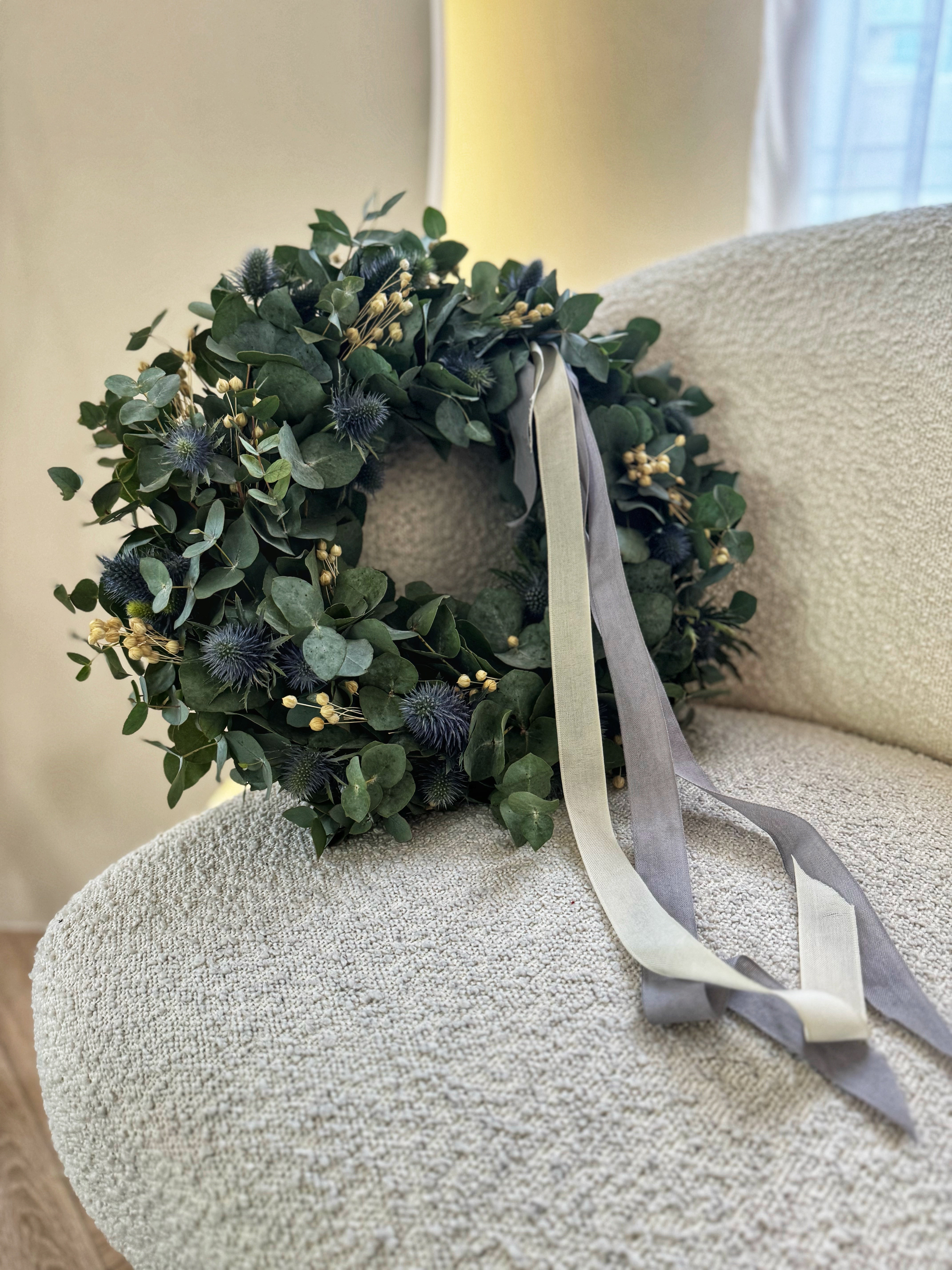 Eucalyptus Spring wreath with natural ribbons