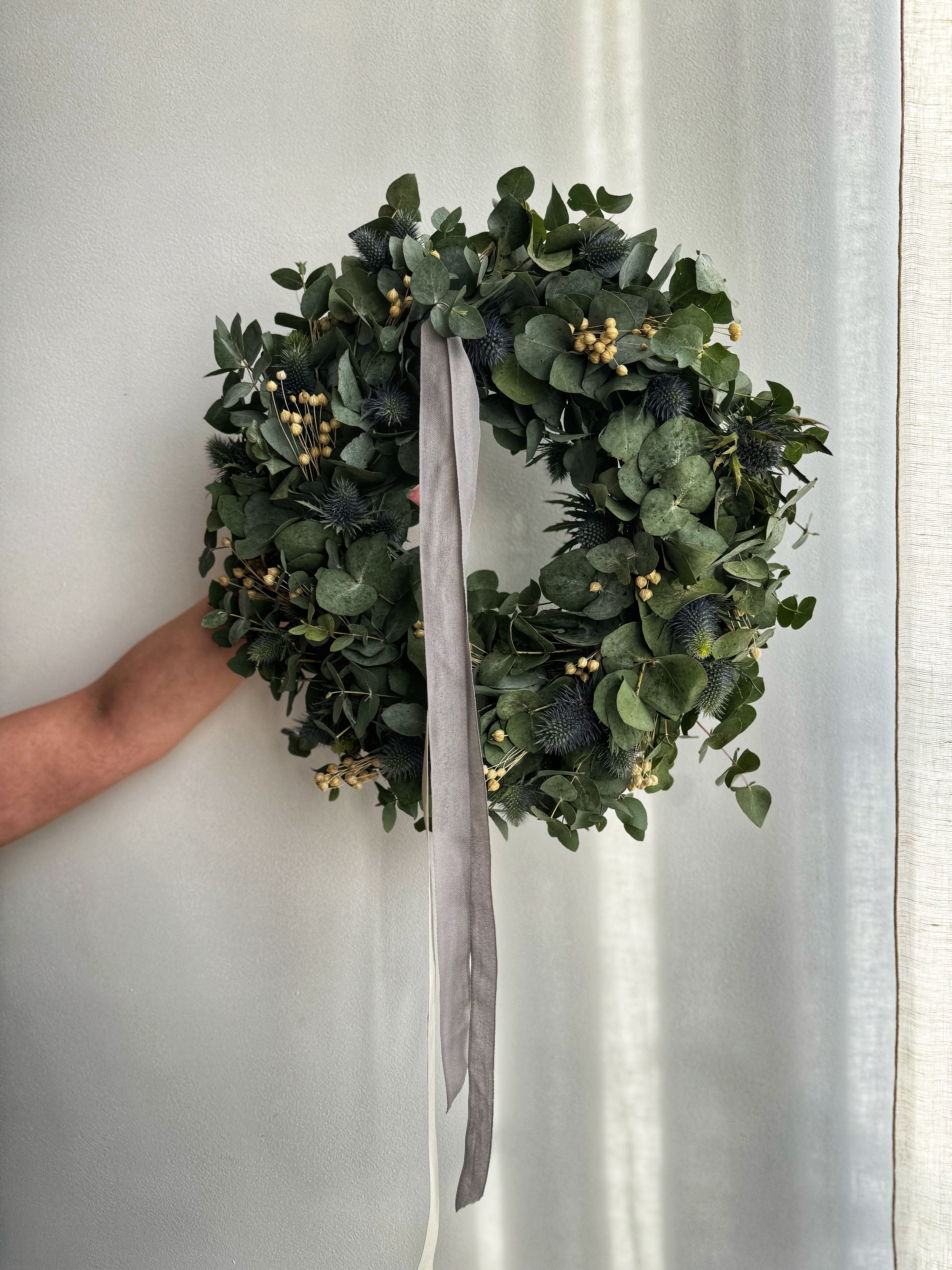 Eucalyptus Spring wreath with natural ribbons