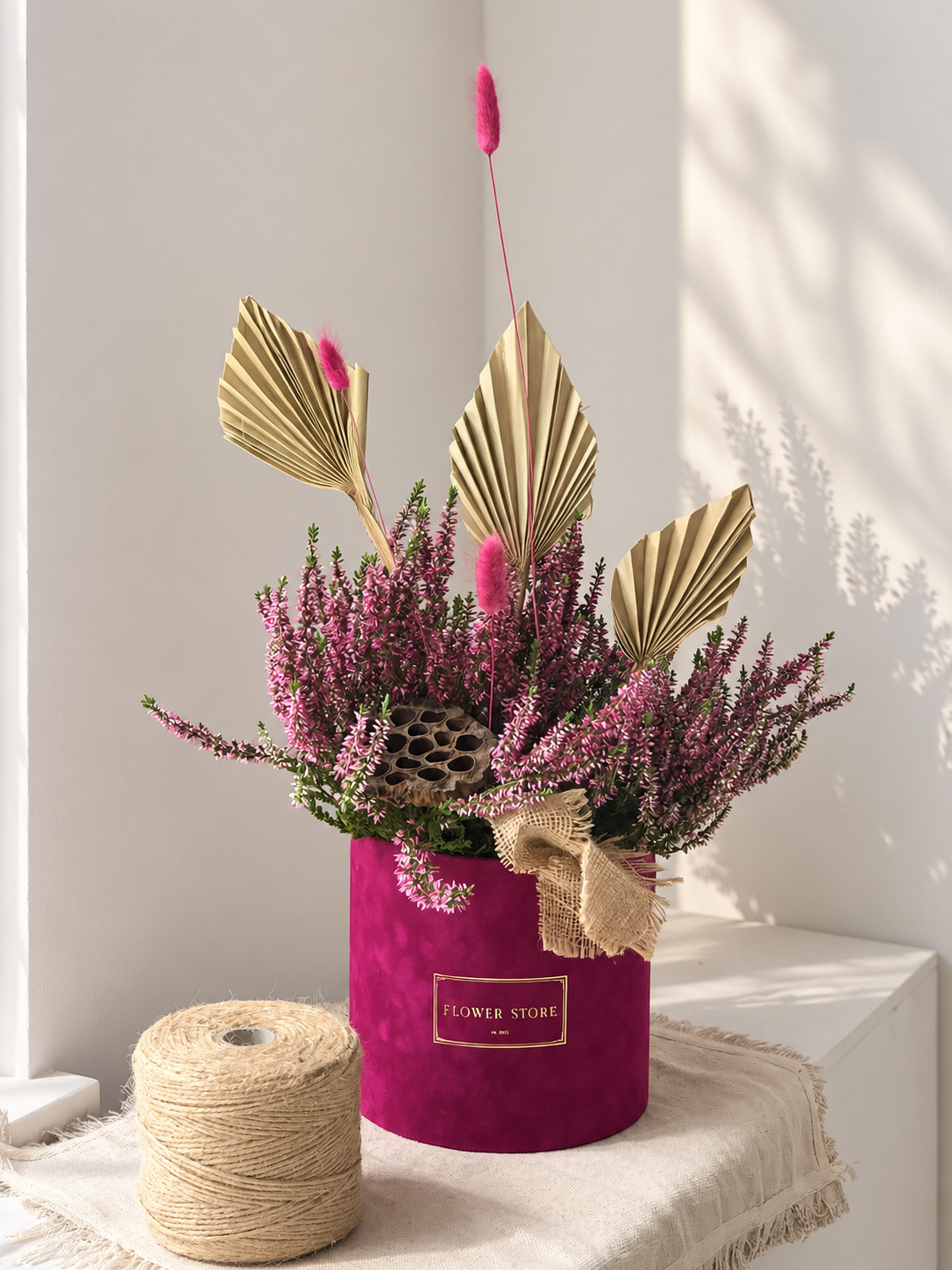 Fuksjowy flokowany flowerbox z kompozycja jesienną- wrzos