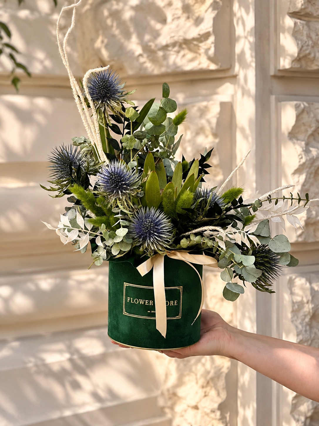 Flowerbox kompozycja z preparowanego eukaliptusa
