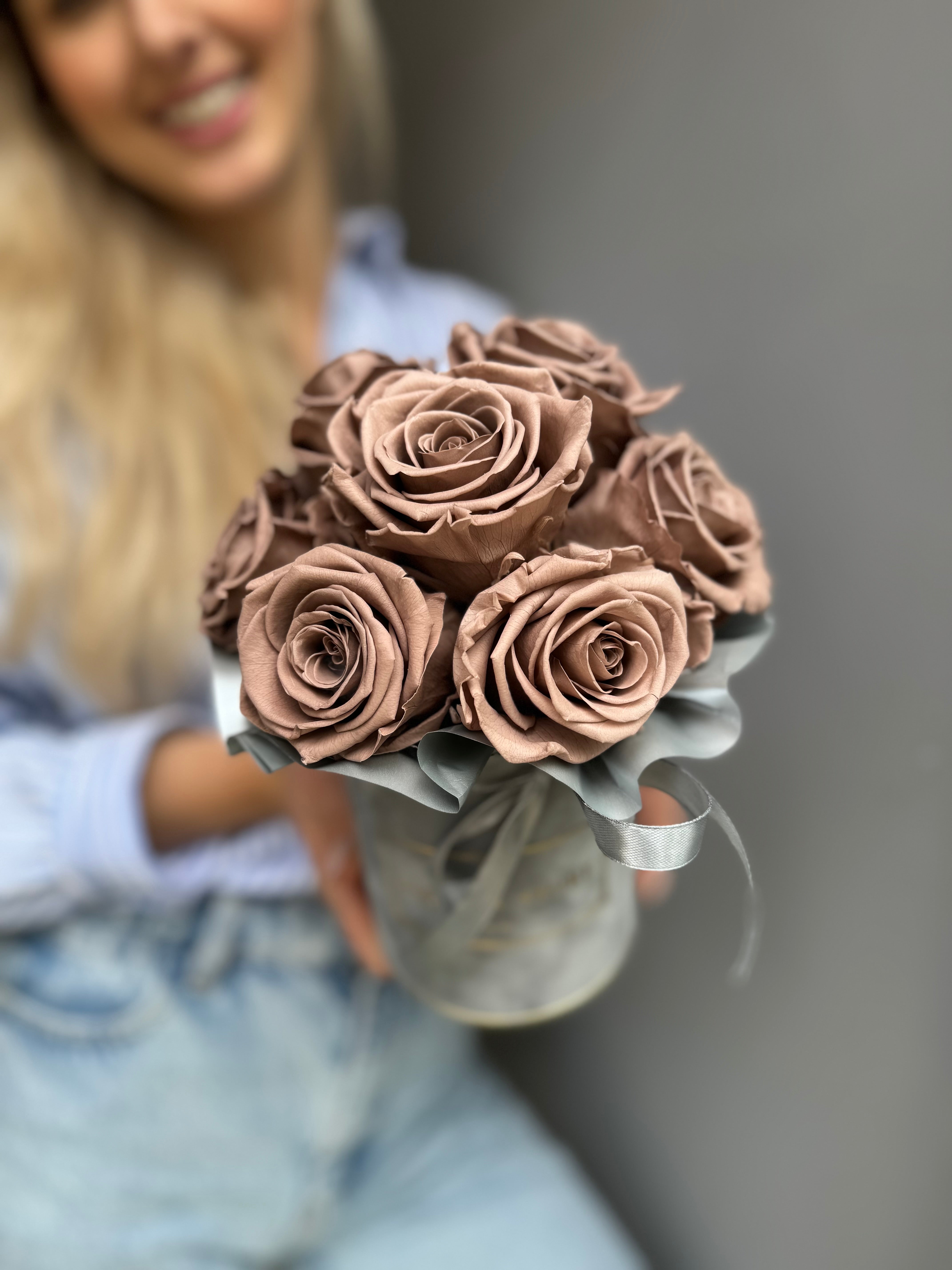 Midnight Toff's eternal roses in a gray flocked box