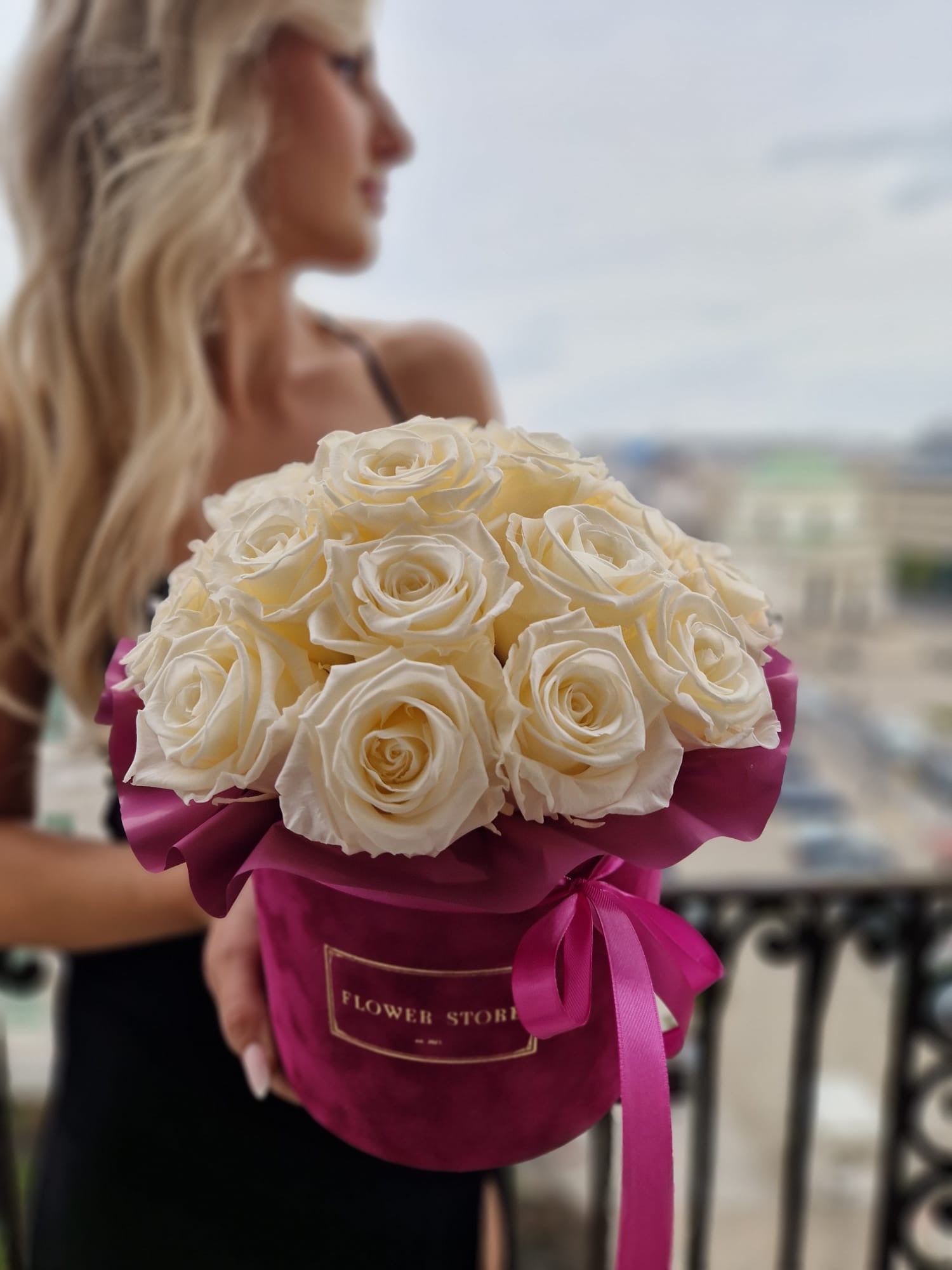 Eternal cream roses in a fuchsia box