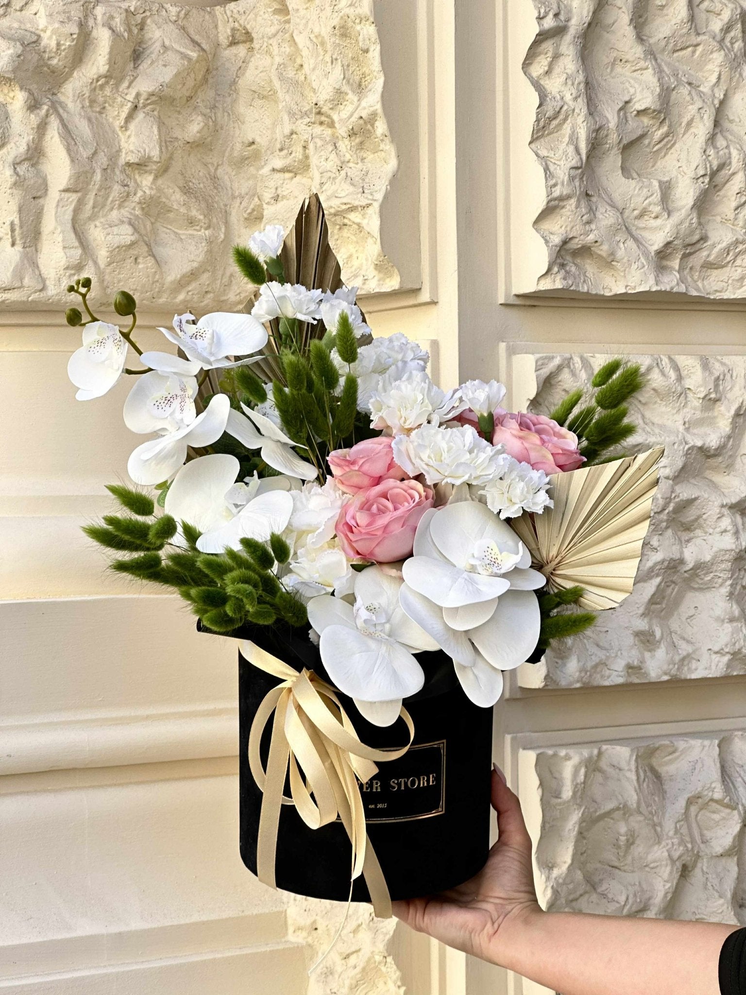 Flowerbox ze sztucznymi Różami i Storczykami - kwiaty Flower Store Warszawa