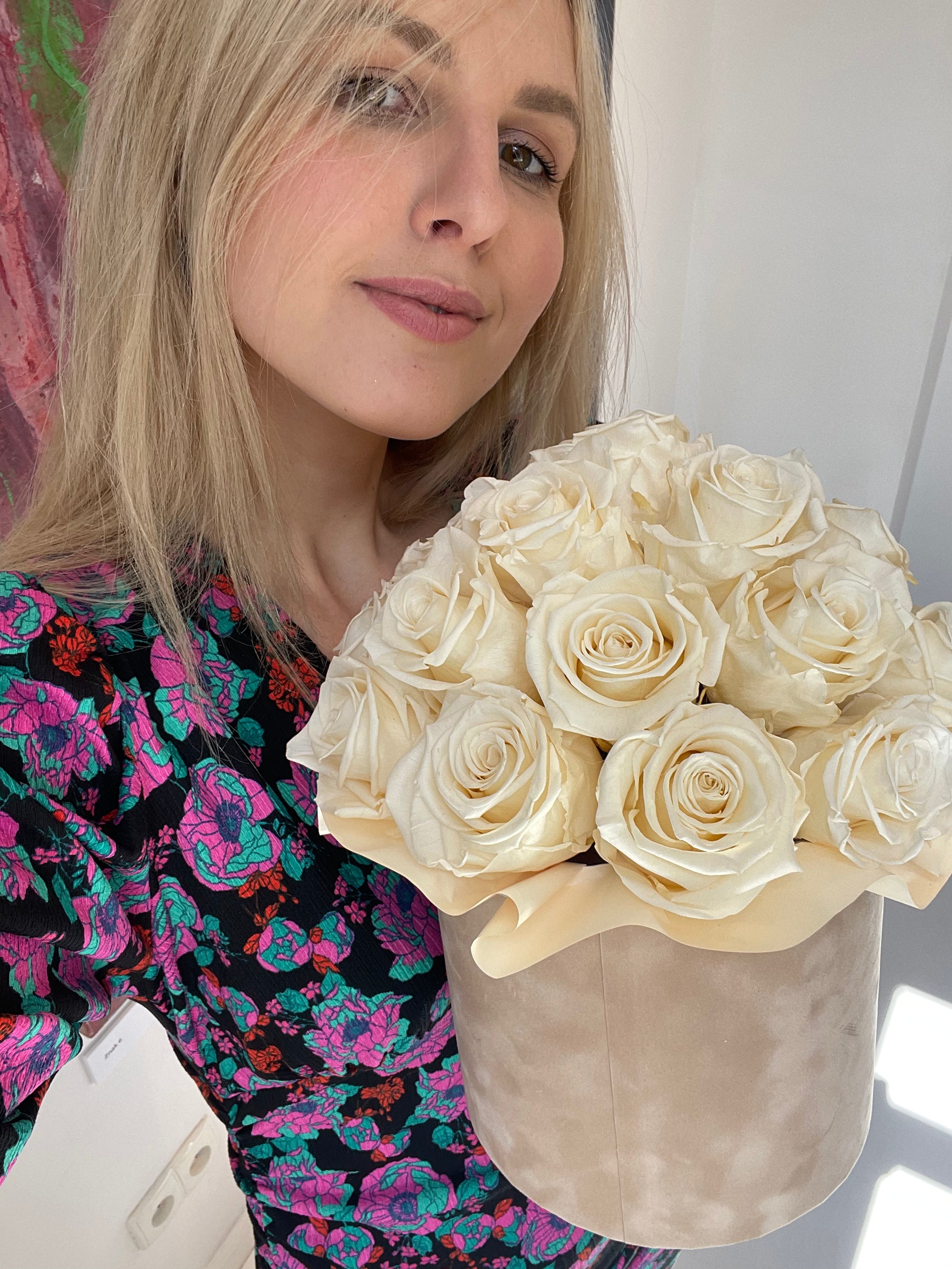White eternal roses in a Beige and Caramel Box