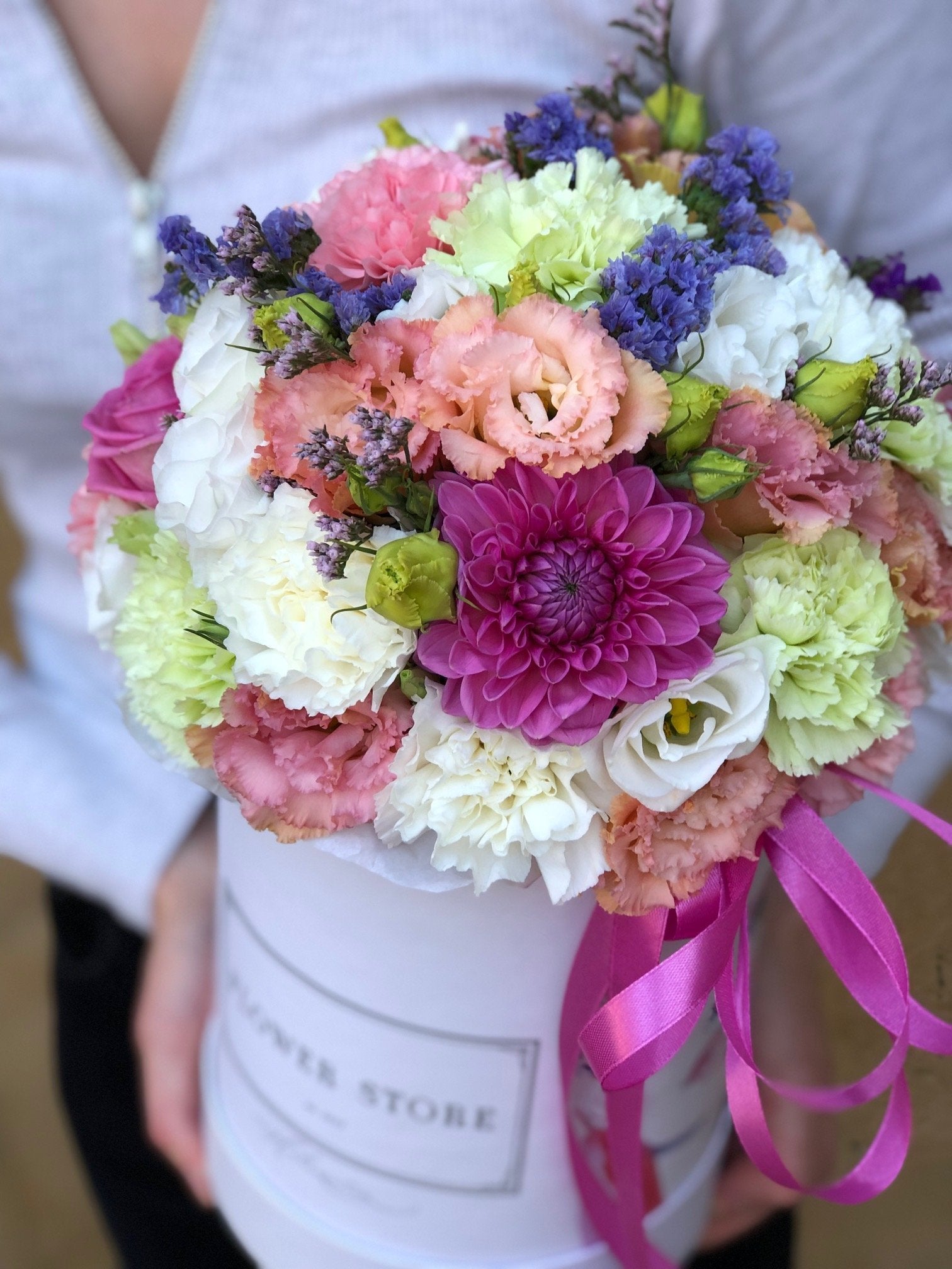 Spring composition in a medium white box - live flowers flowerbox