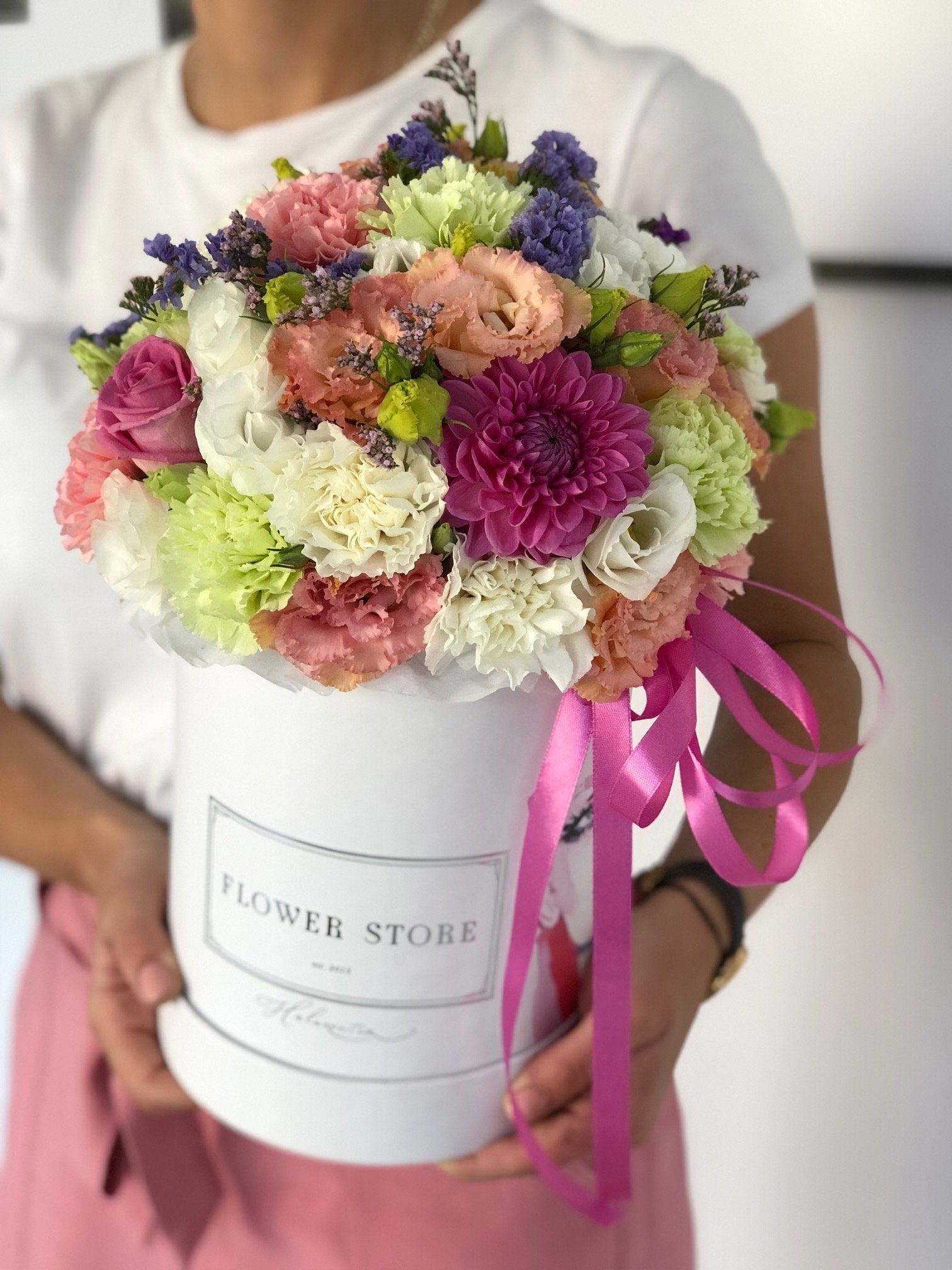 Spring composition in a medium white box - live flowers flowerbox