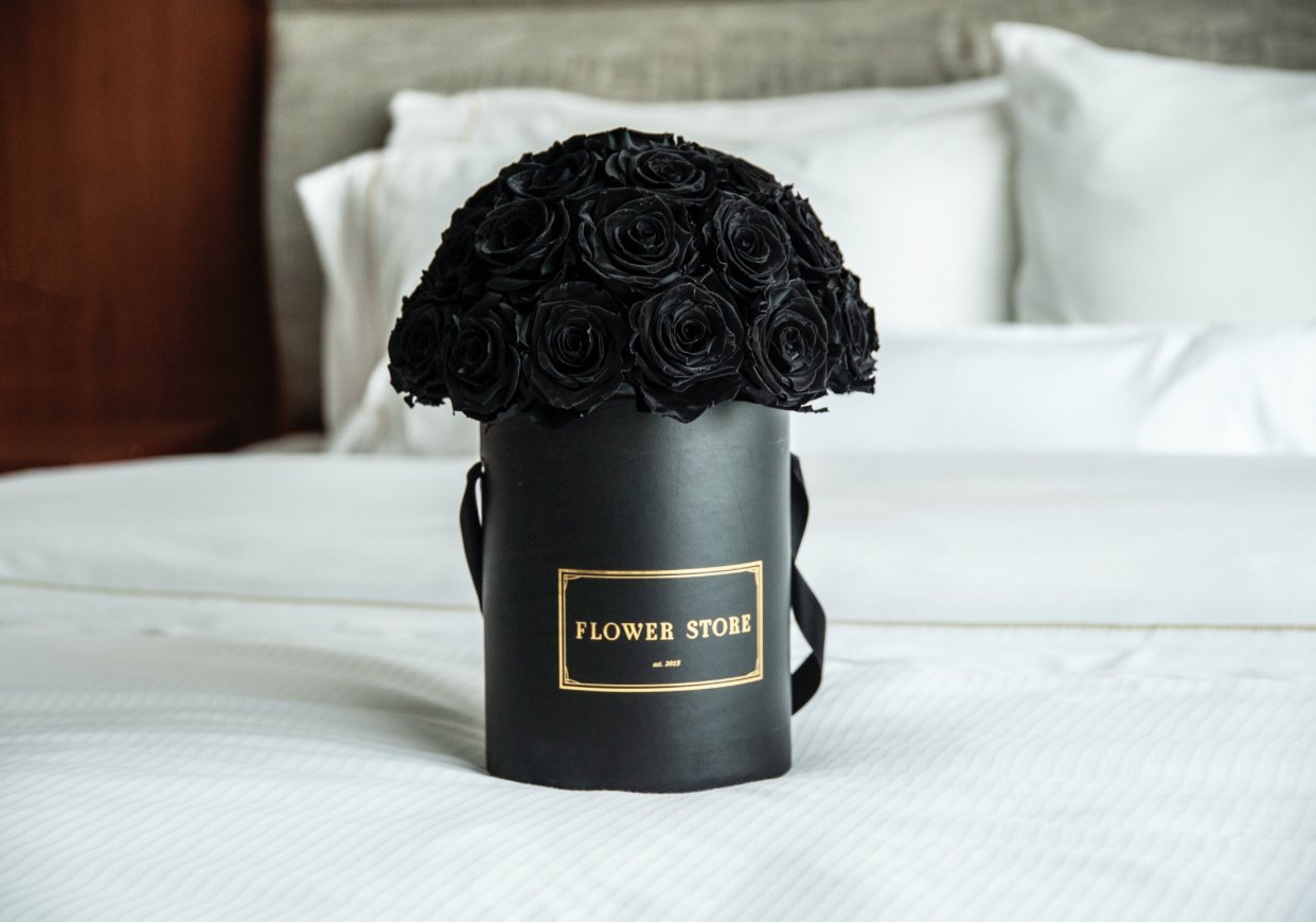 Large black flocked box with black evening roses
