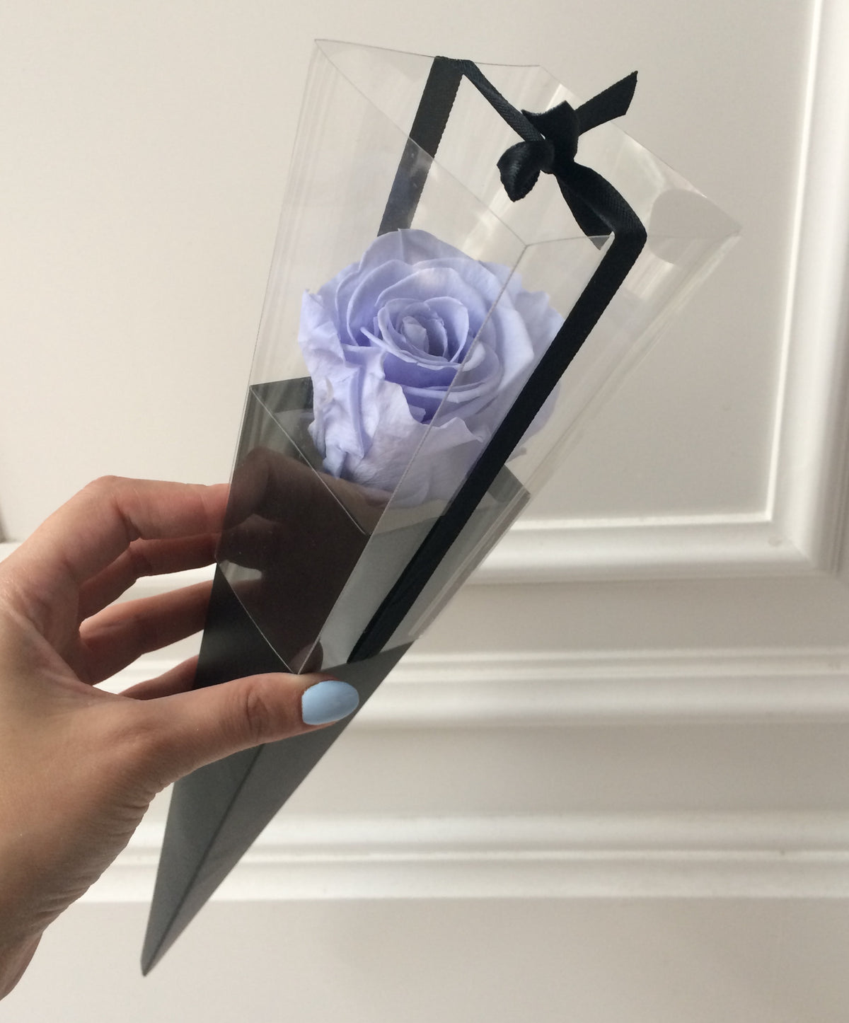 Blue eternal rose in a black cone