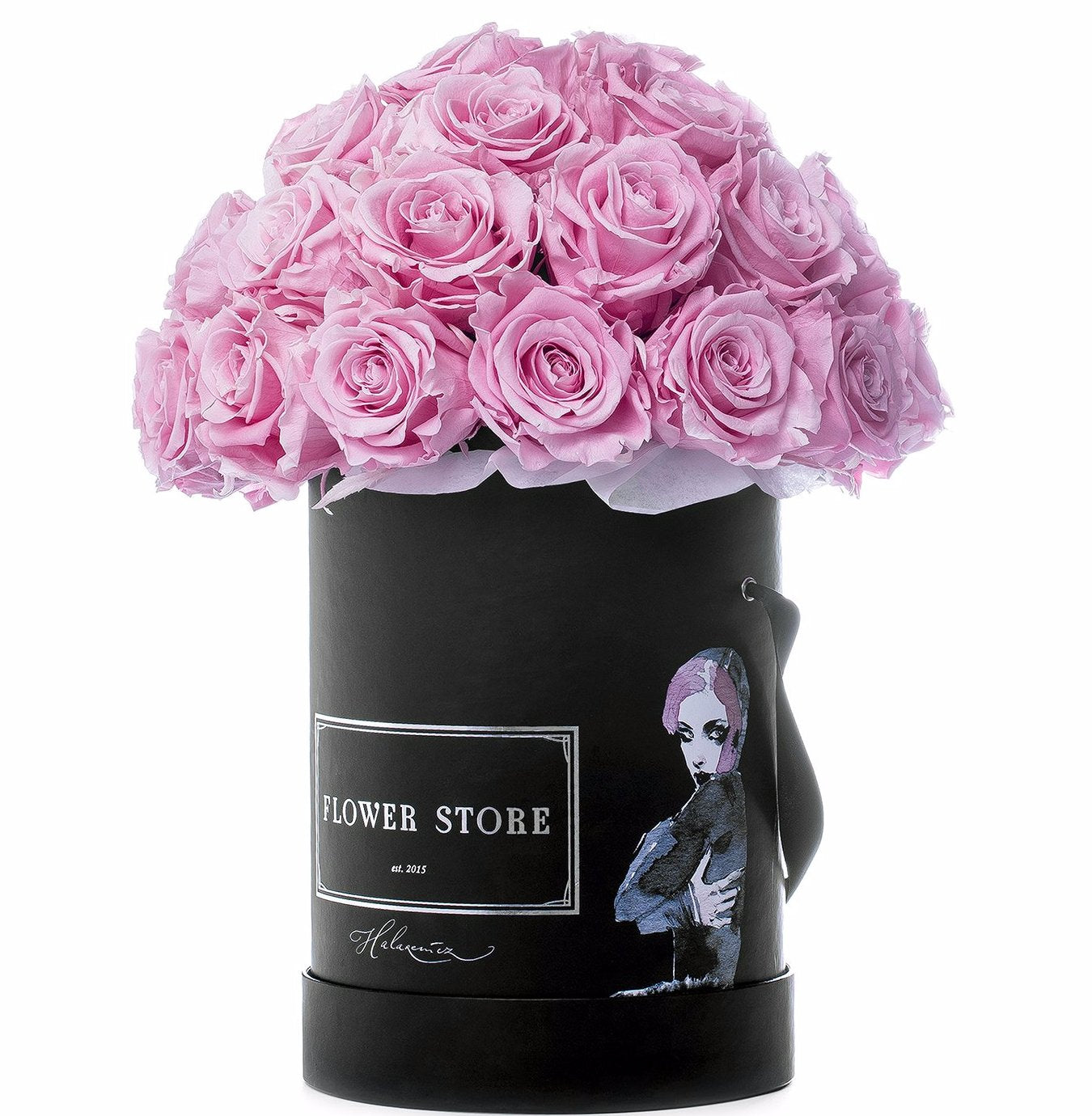 Black Hood Lady with pink roses - live flowers - flowerbox