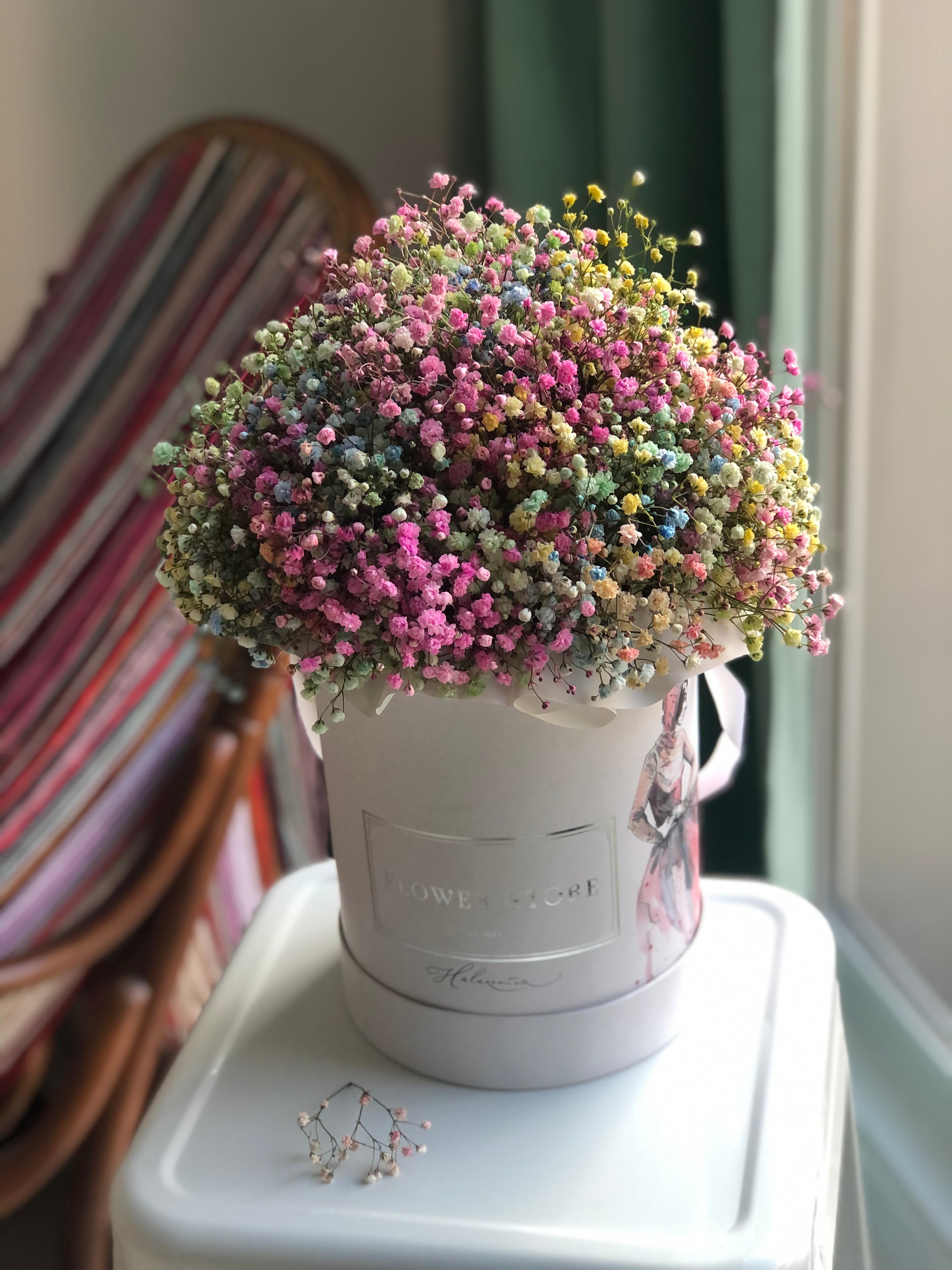 Colorful gypsophila in a medium white flowerbox