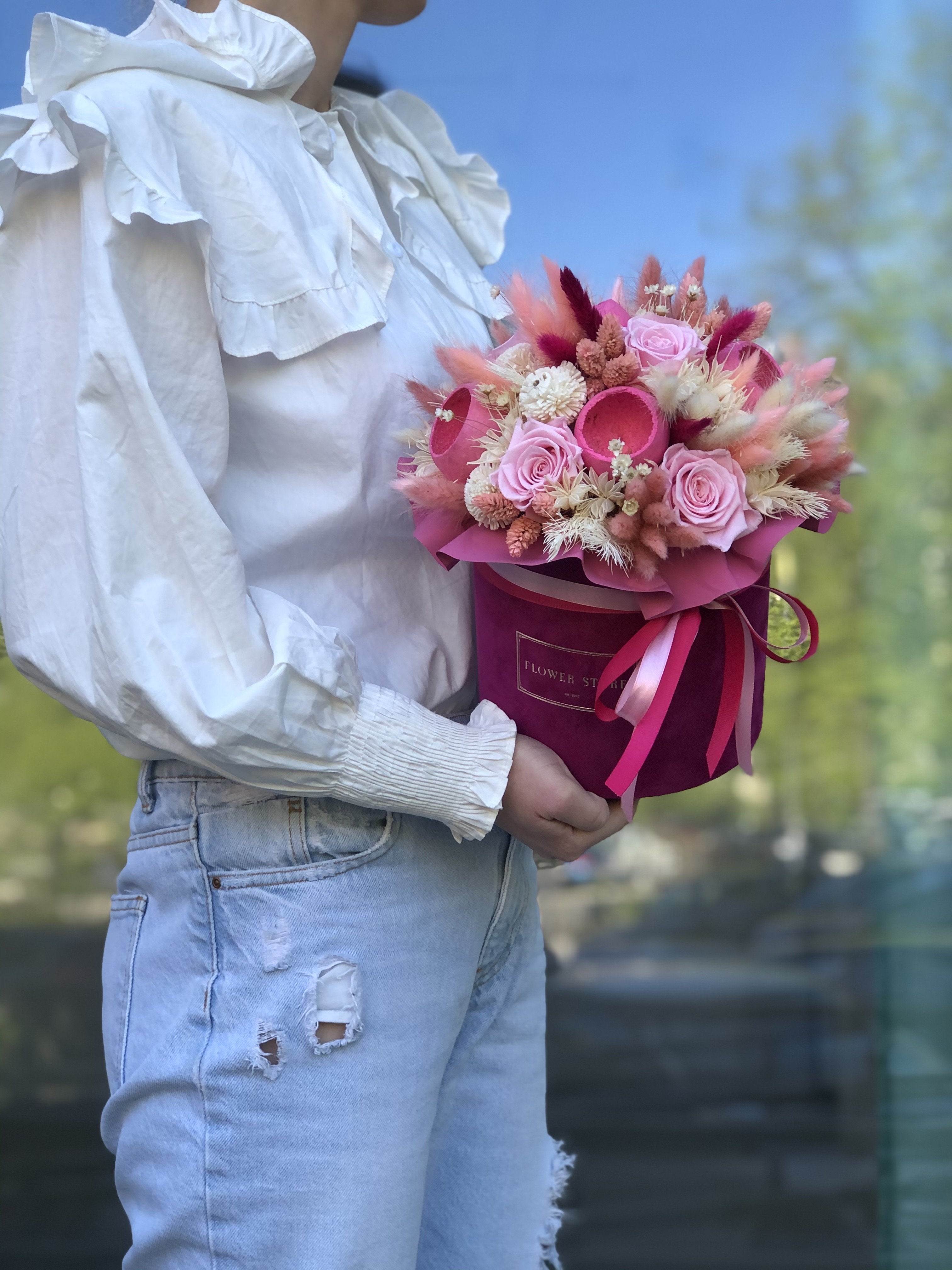 Fuchsia Flocked Dried Flowerbox with Eternal Roses