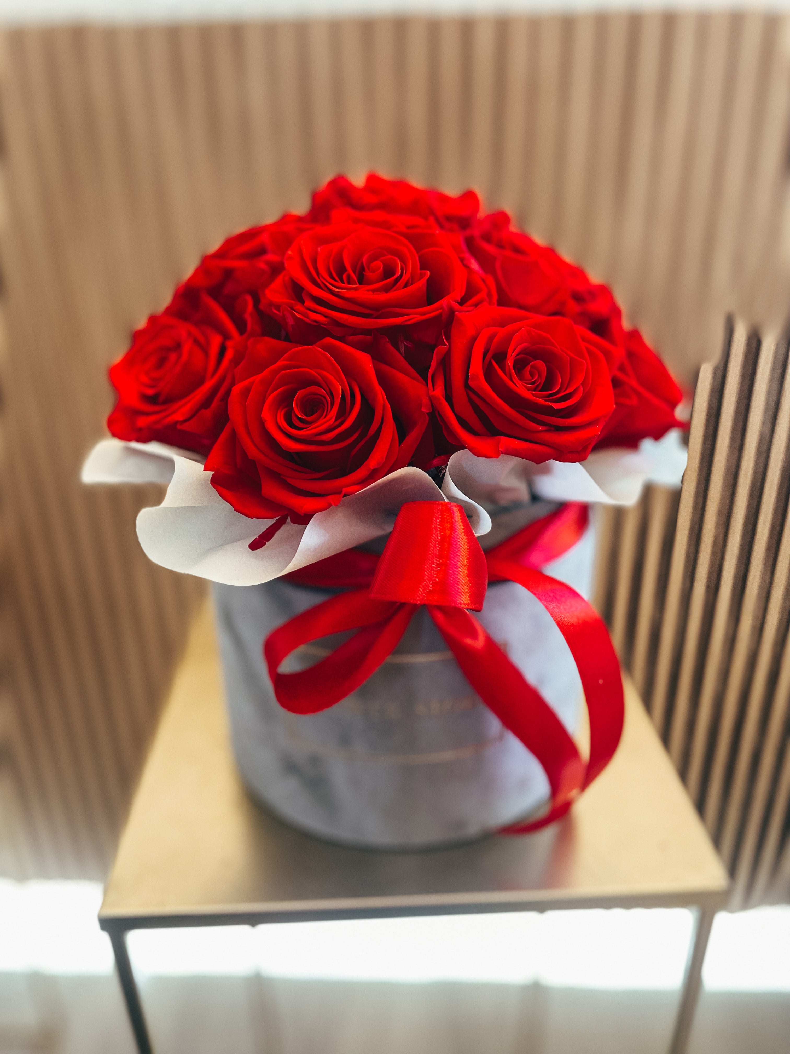 Gray Flowerbox with red live roses
