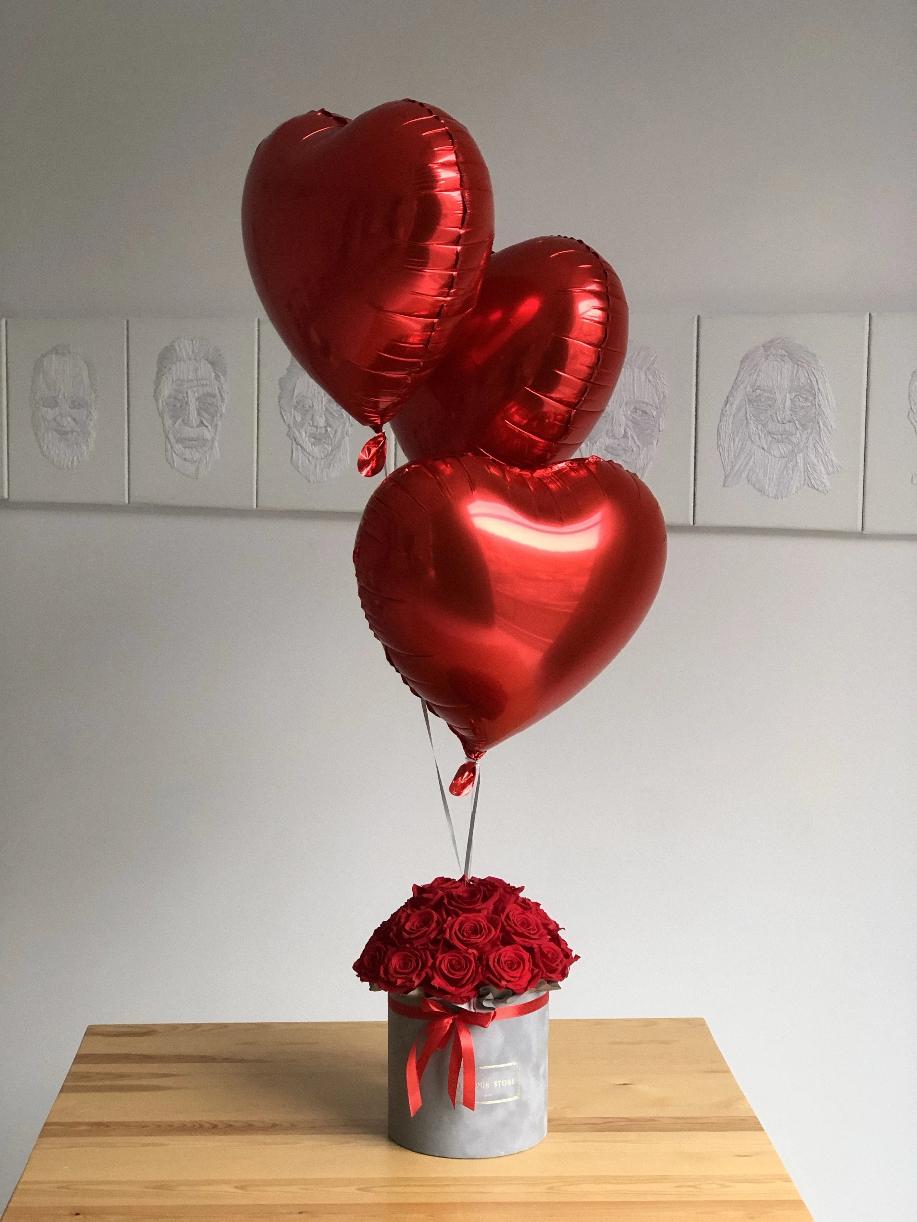 Birthday set of red balloons and a gray box with roses - live flowers