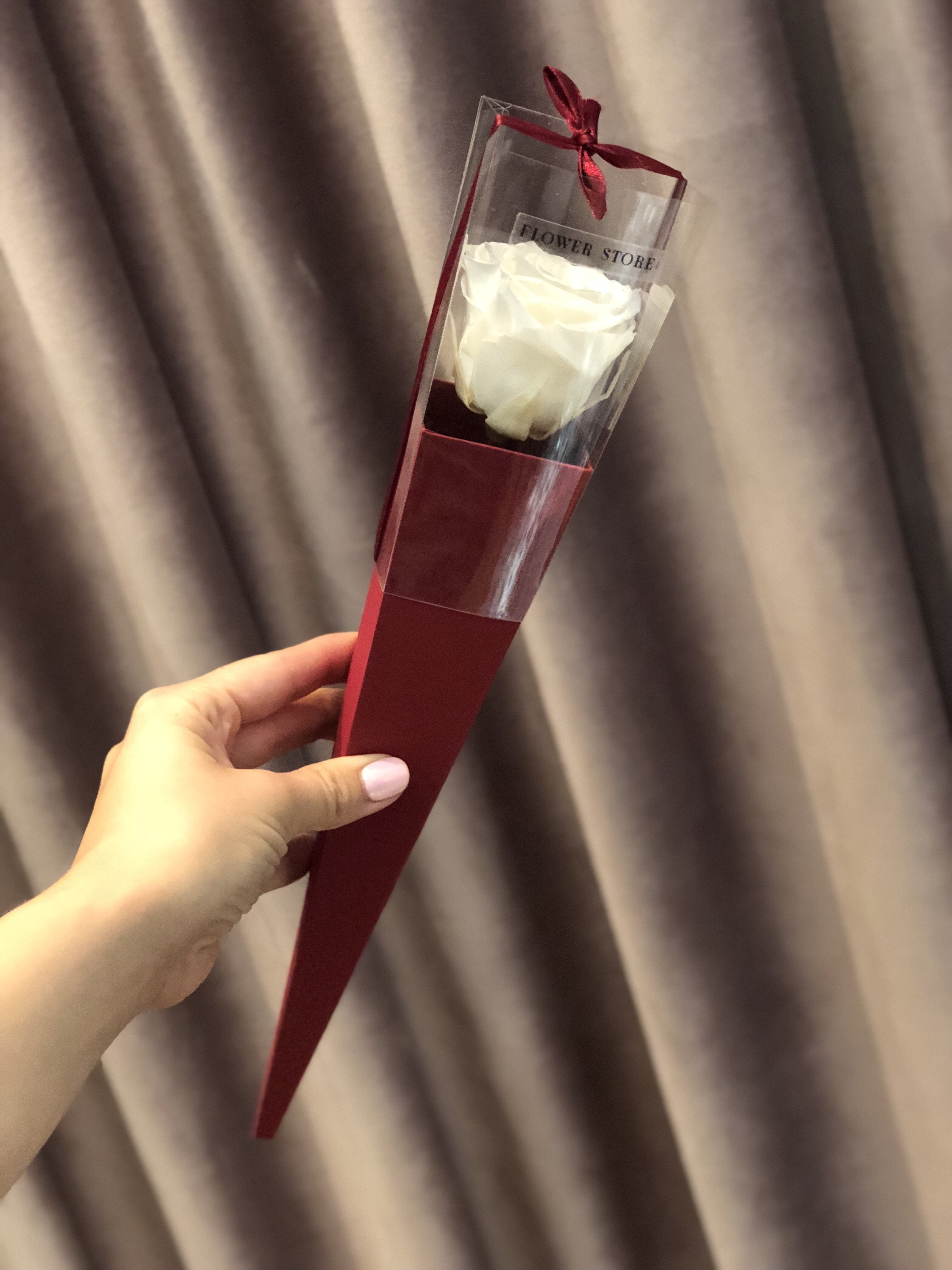 ETERNAL WHITE ROSE IN A burgundy cone