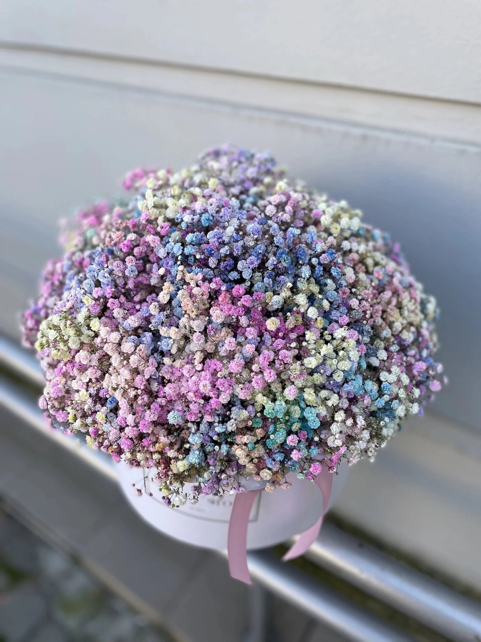 Urodzinowy Biały flowerbox z kolorową gipsówką - kwiaty Flower Store Warszawa