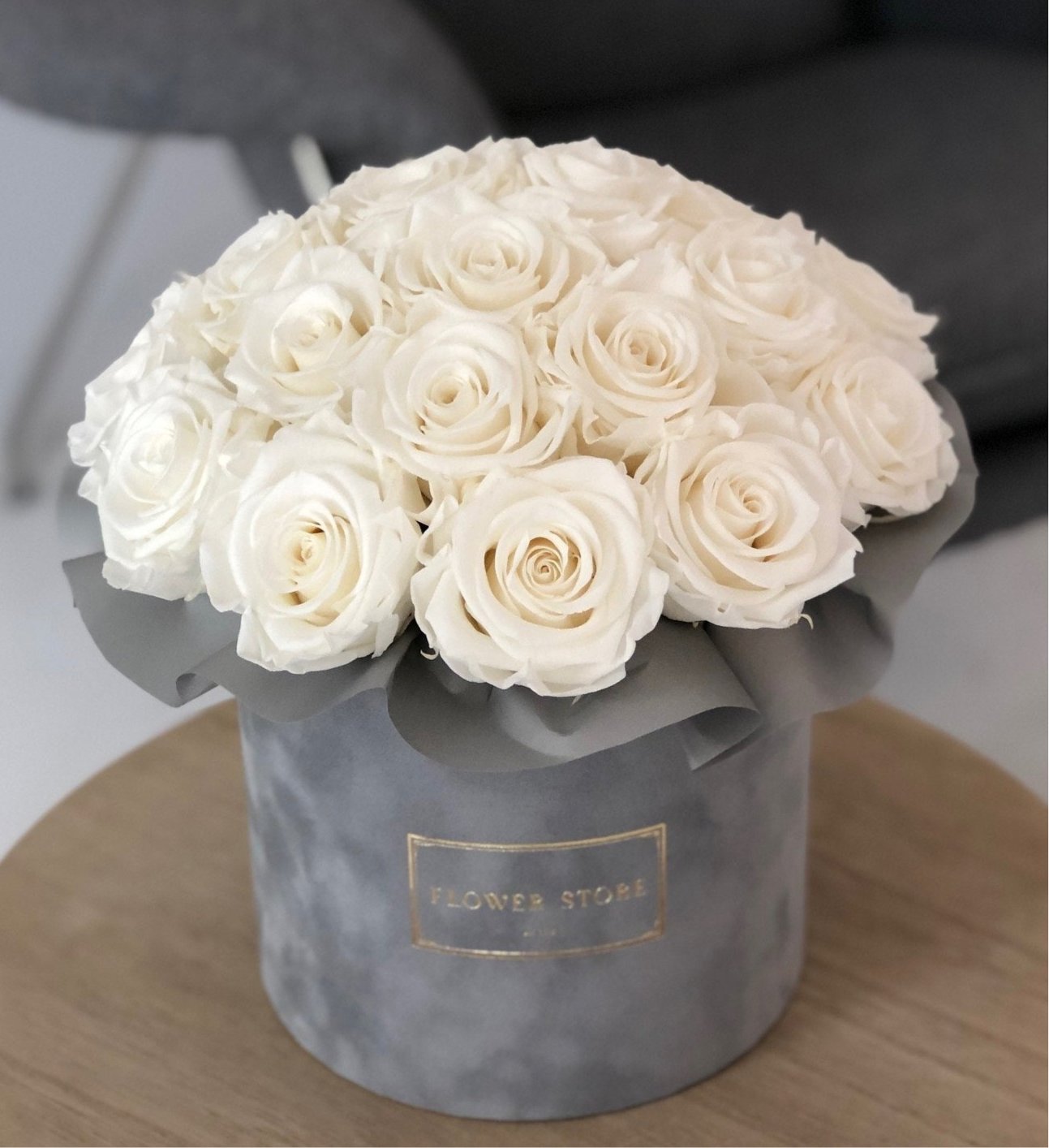 Eternal white roses, round gray flowerbox - flowers with delivery