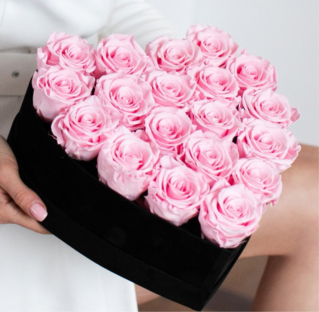 PREMIUM HEART WITH PINK ETERNAL ROSES - FLOCKED FLOWERBOX