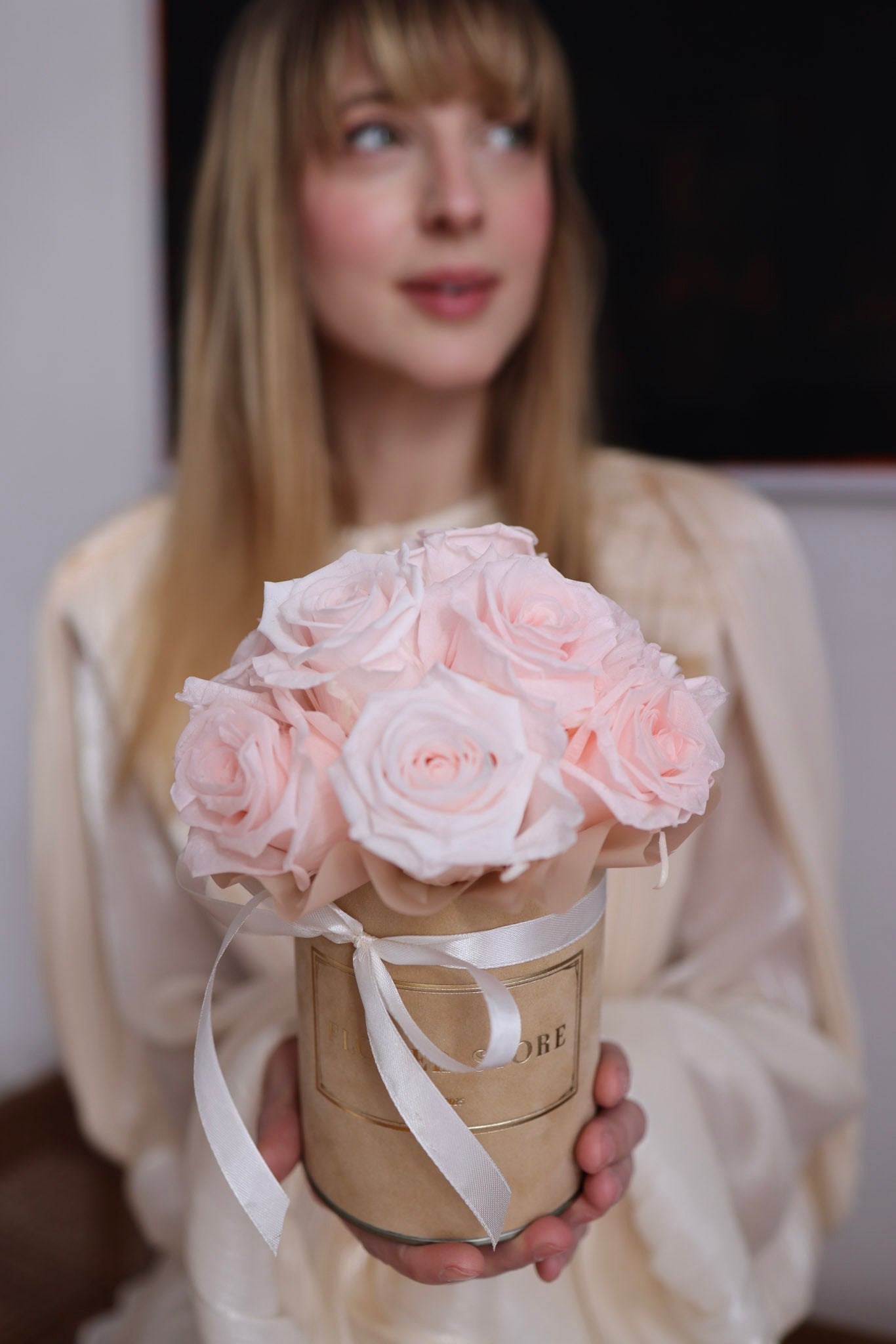 White eternal roses in a Beige and Caramel Box