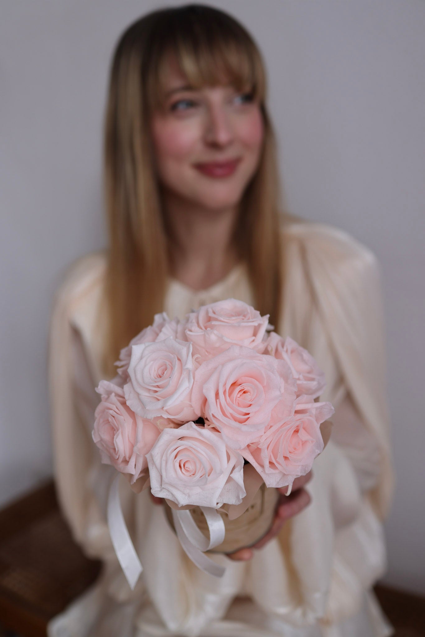 White eternal roses in a Beige and Caramel Box