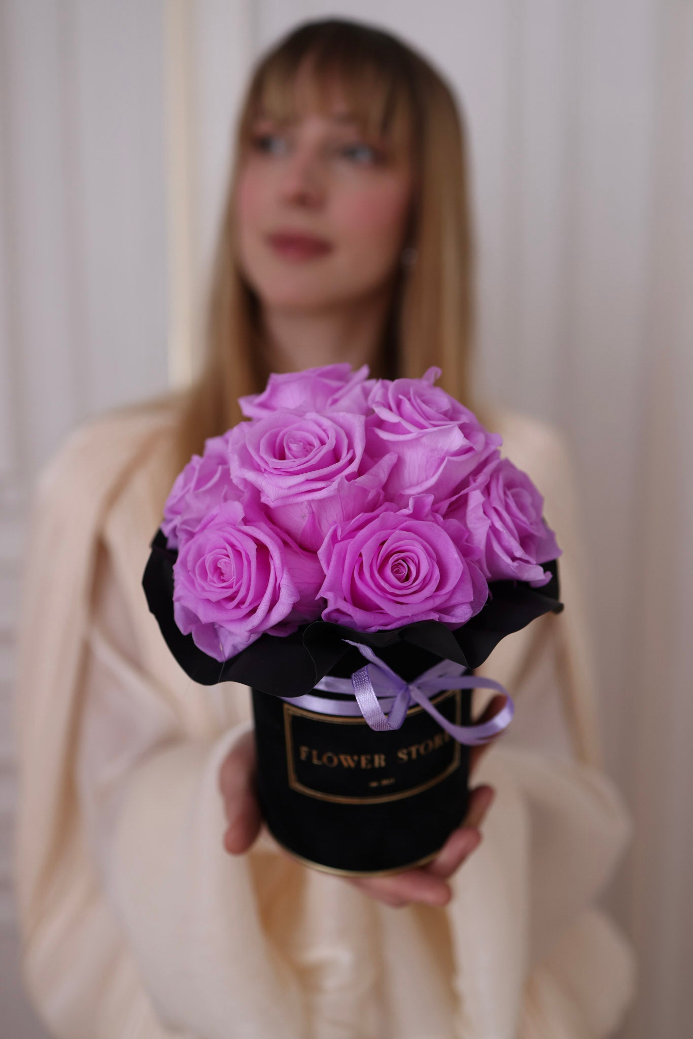 Flowerbox Wieczne Liliowe Róże „Lawendowa elegancja”