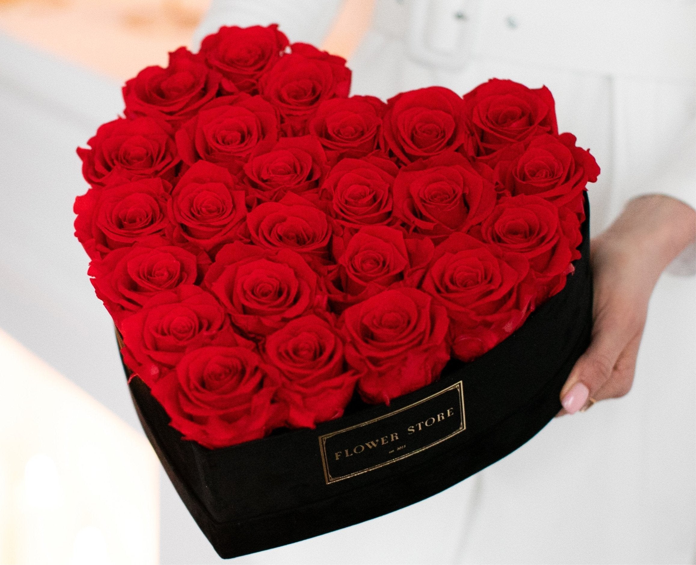 PREMIUM HEART WITH RED ETERNAL ROSES - FLOCKED FLOWERBOX