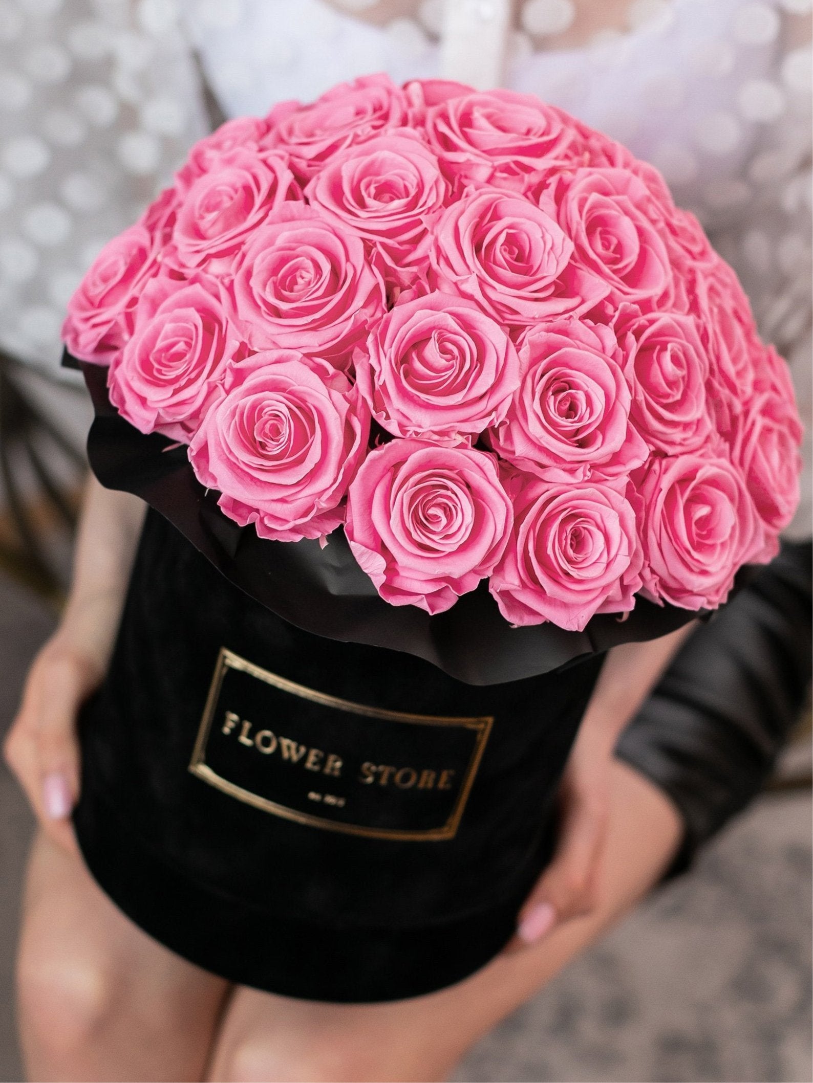 Black flowerbox with pink eternal roses - all sizes