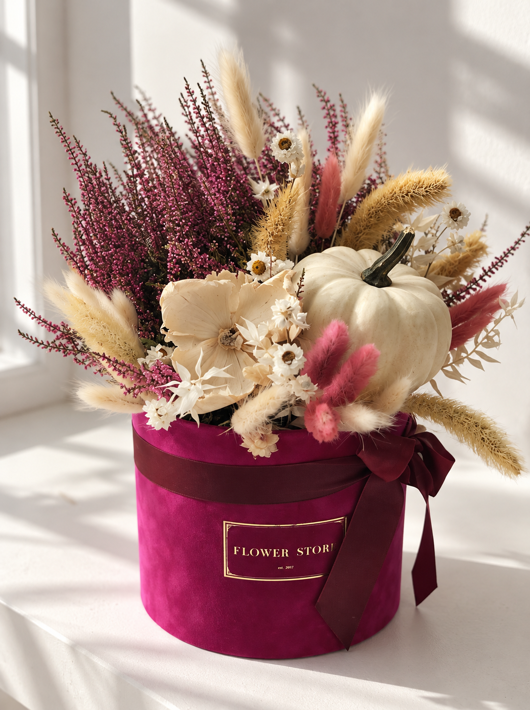 FUKSJE FLOKED FLOWERBOX with autumn composition- pumpkin and heather