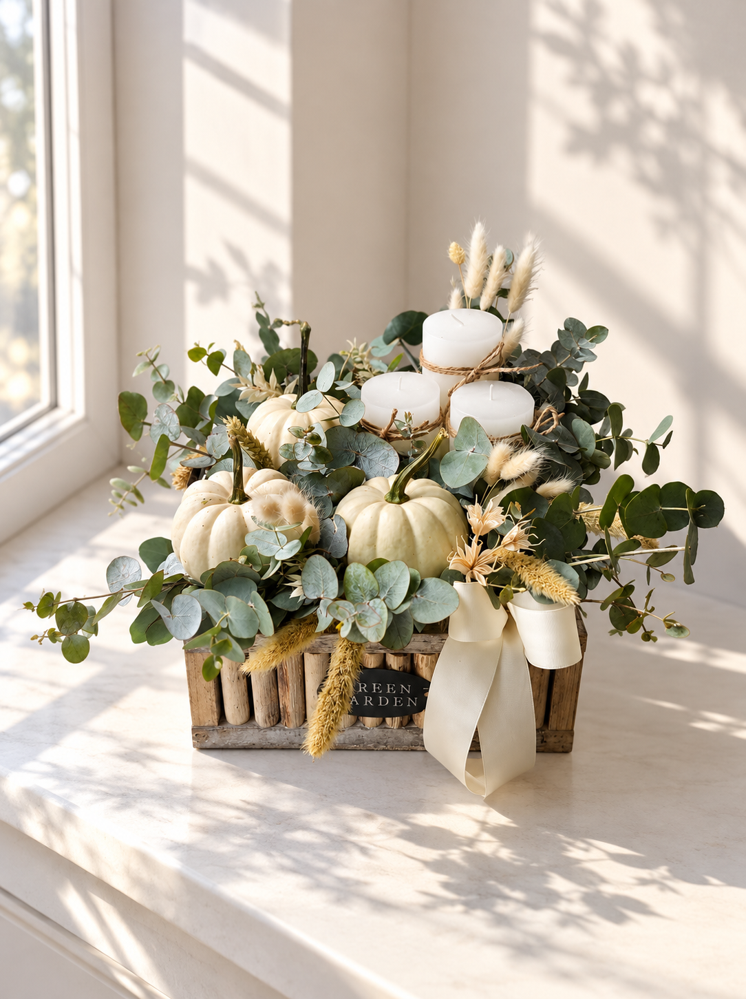Green Garden composition with pumpkins and candles