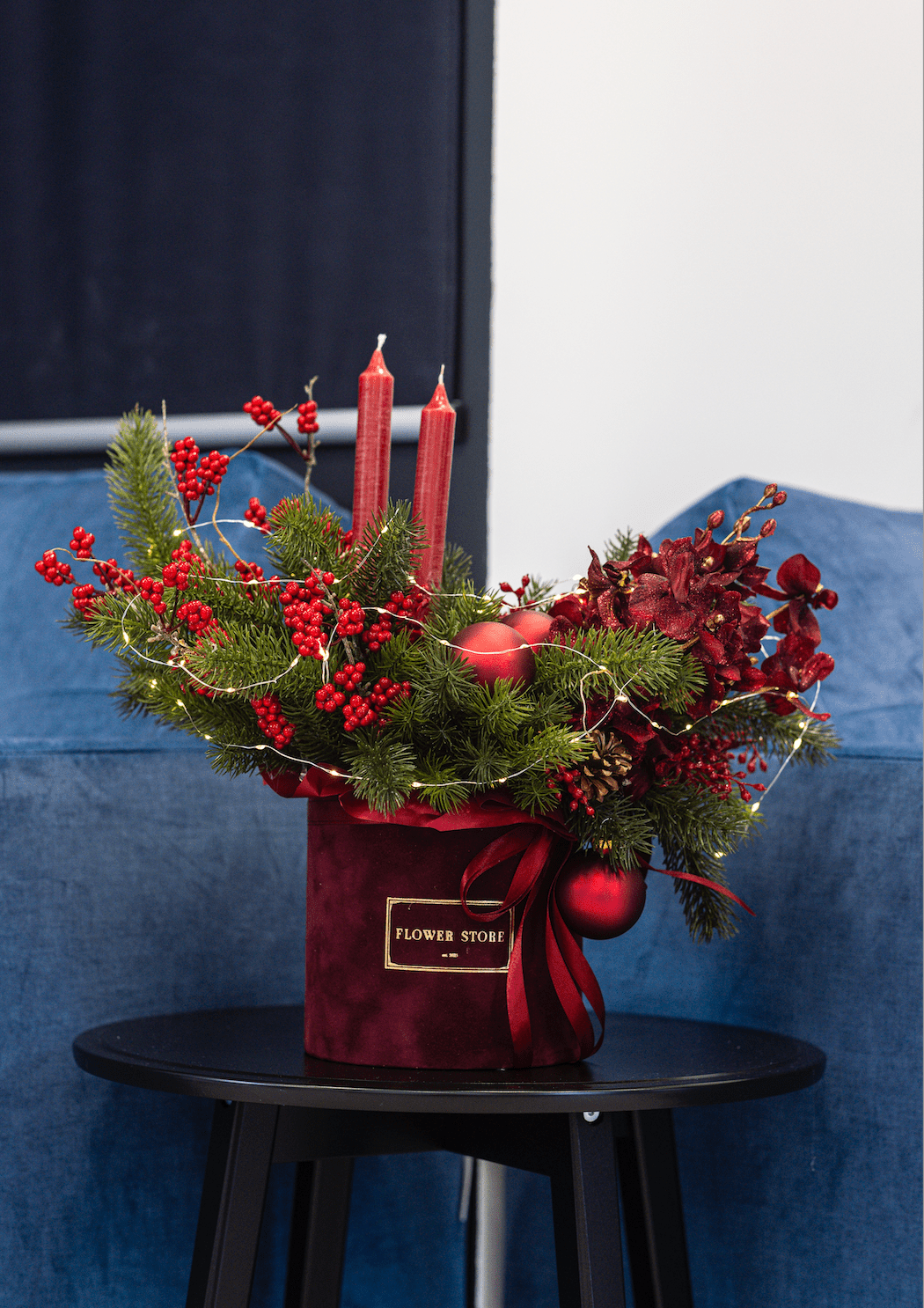 Płomień Rubinowej Nocy - Stroik Świąteczny box - kwiaty Flower Store Warszawa