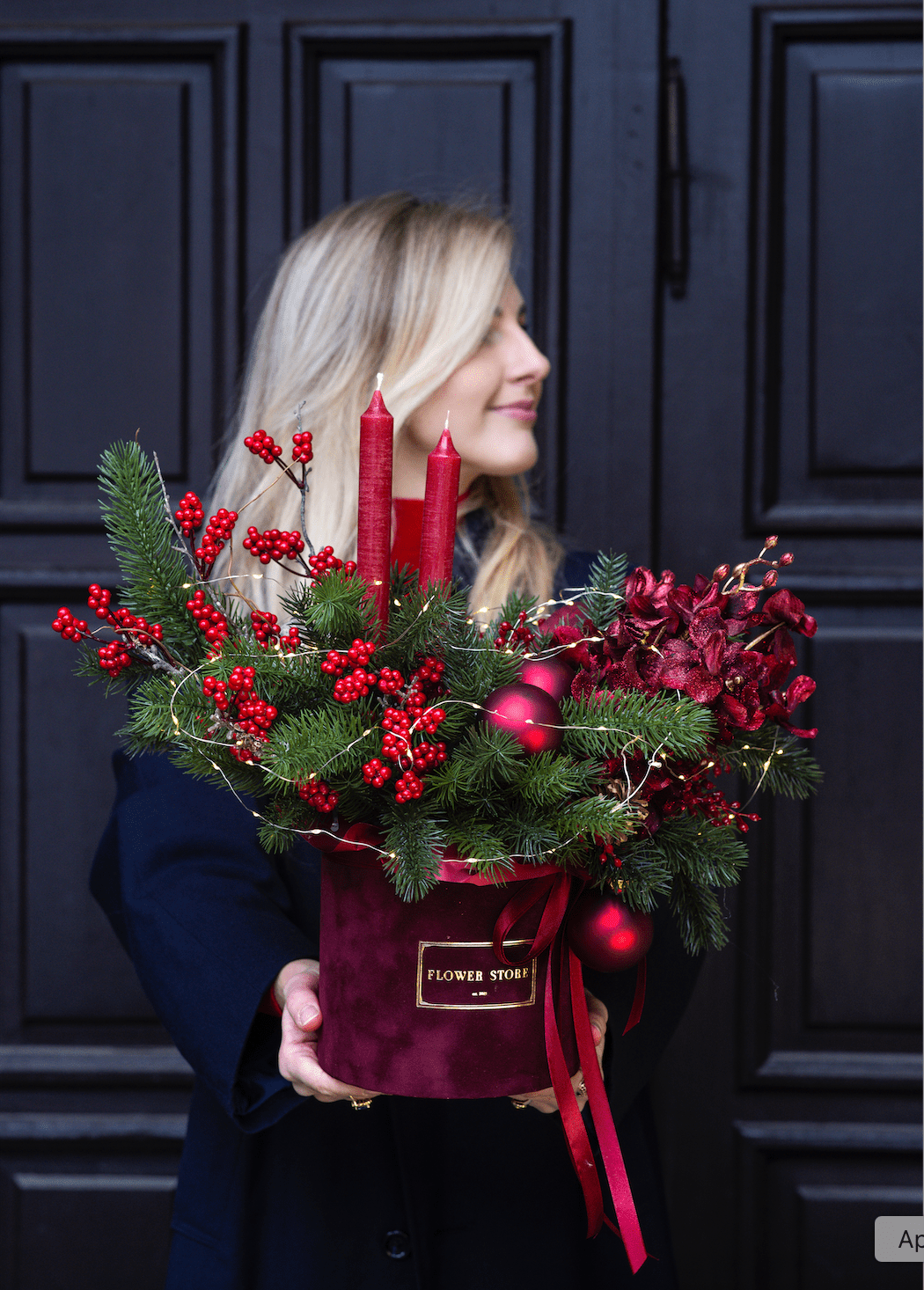 Płomień Rubinowej Nocy - Stroik Świąteczny box - kwiaty Flower Store Warszawa