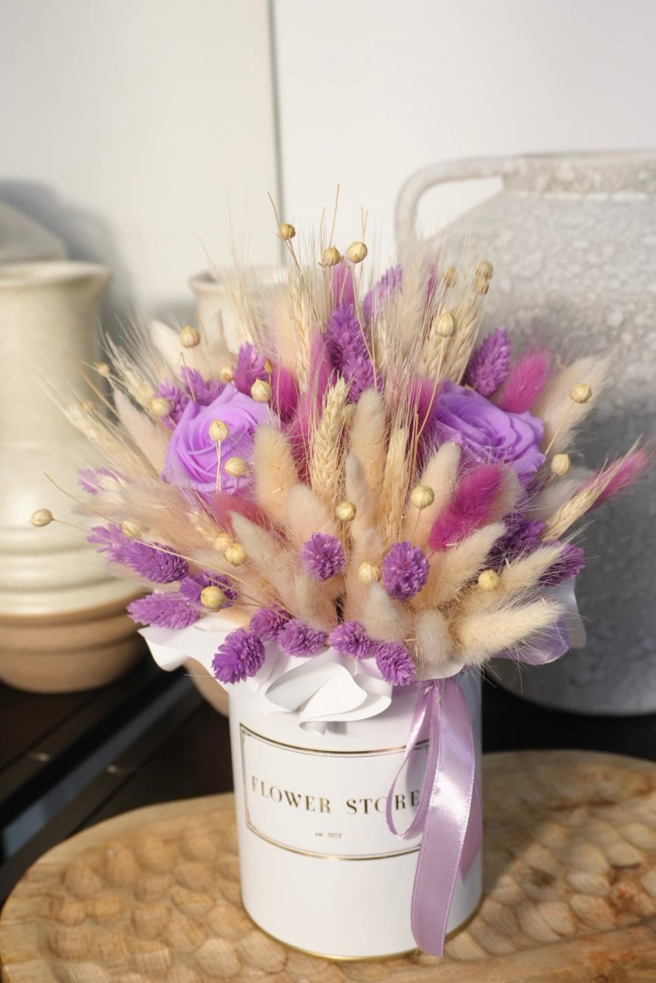 Wieczne róże i susz w odcieniu liliowego - kwiaty Flower Store Warszawa