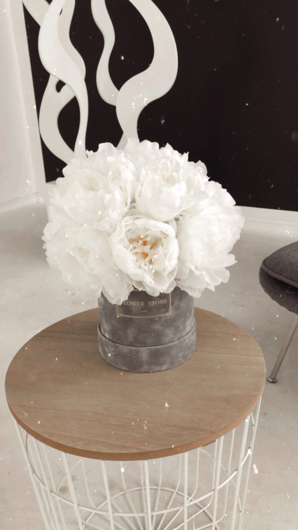 Flocked gray flowerbox with peonies - artificial flowers