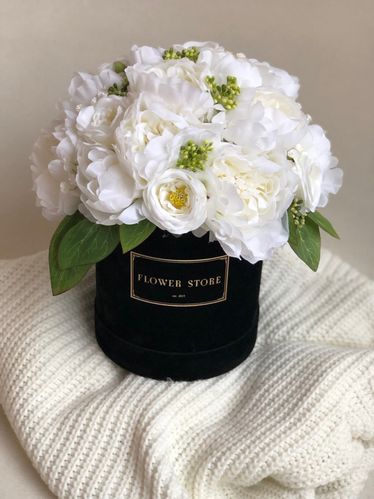 Black flocked box with white and cream composition - artificial flowers