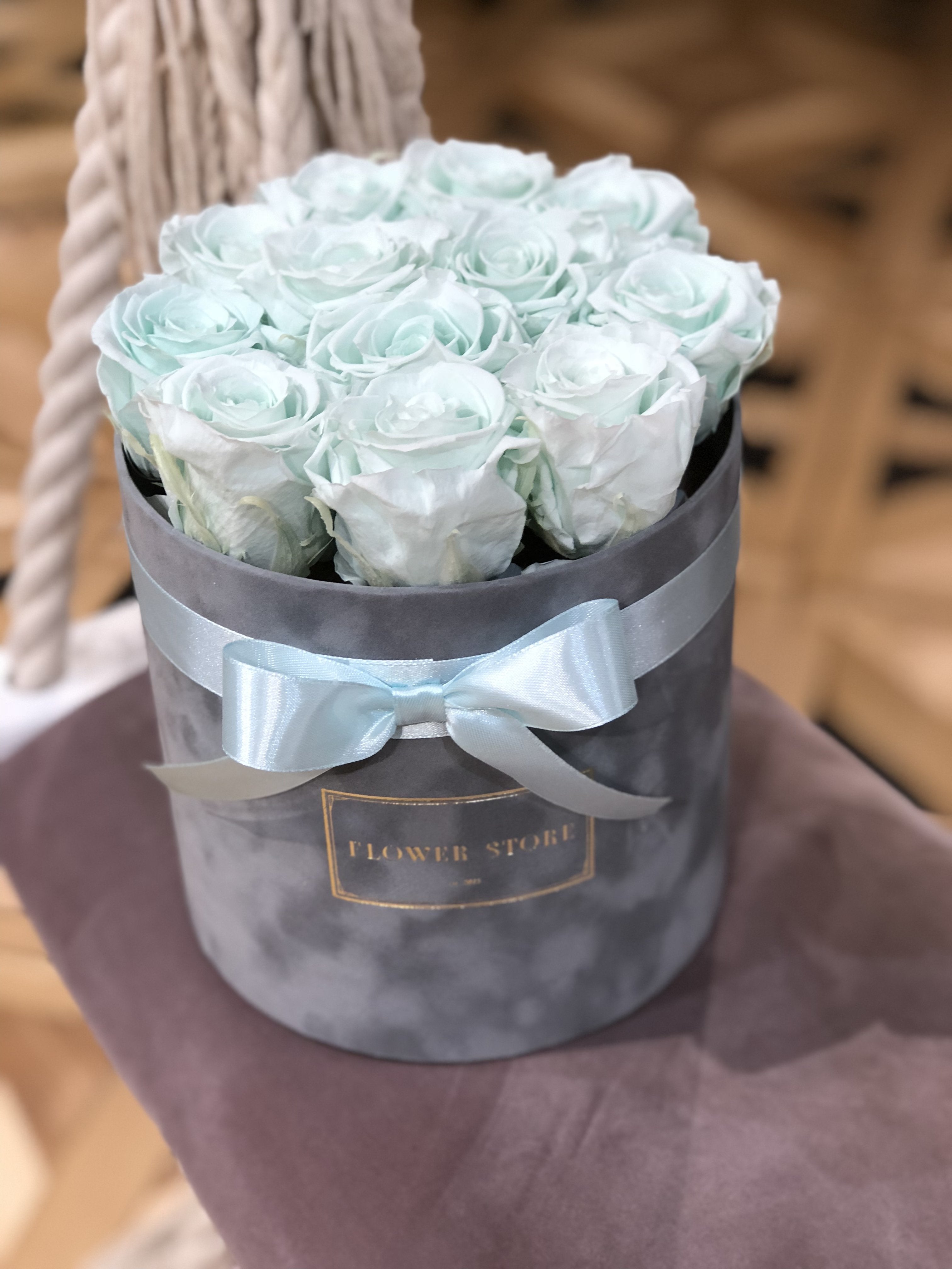 Gray Flocked box with mint eternal roses