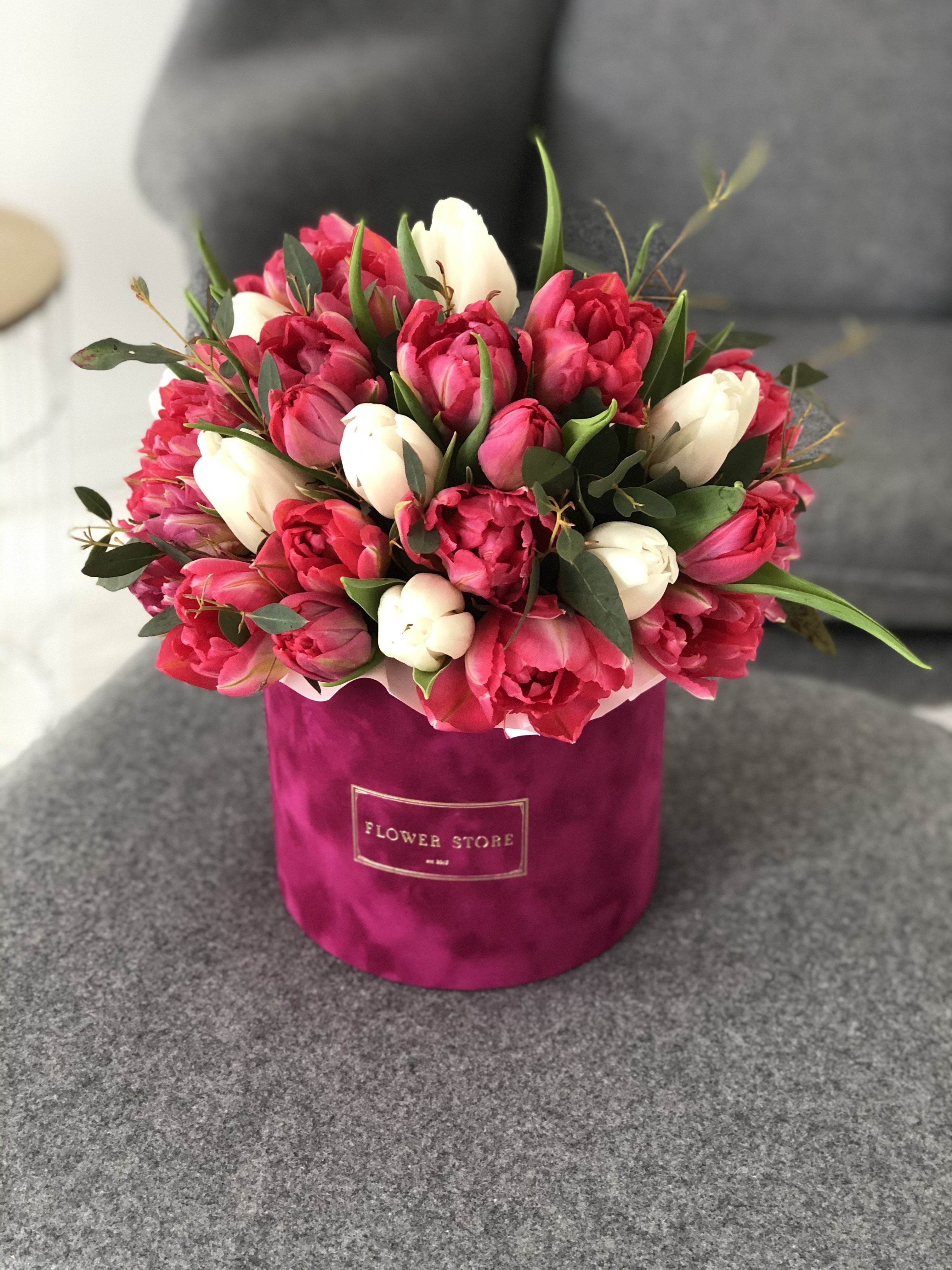 Fuchsia flocked flowerbox with tulips