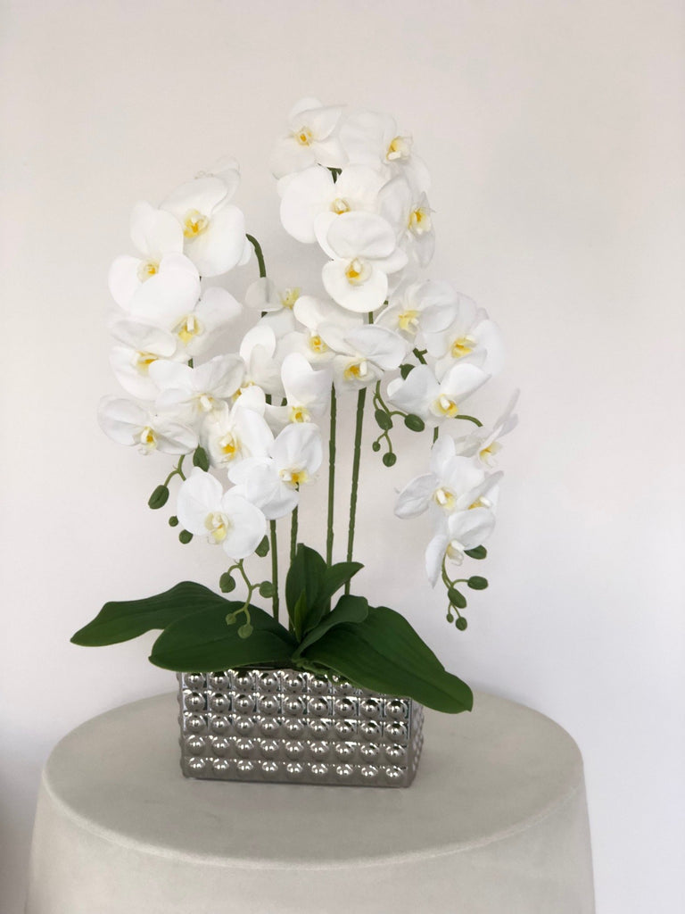 Ekskluzywny storczyk w srebrnej donicy- kwiaty sztuczne
