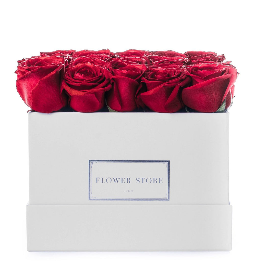 Square white box with red roses - live flowers
