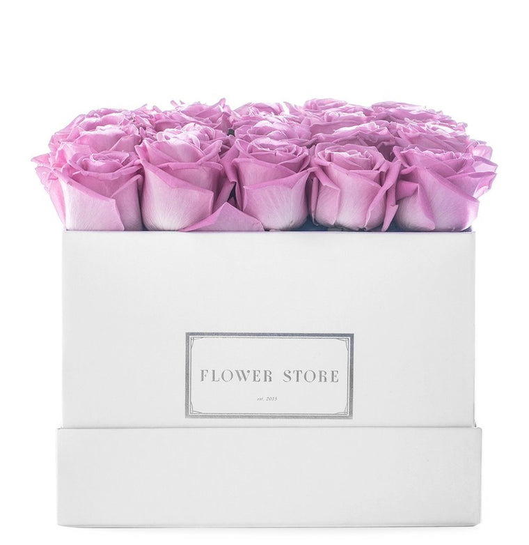 Square white box with pink eternal roses - flowerbox