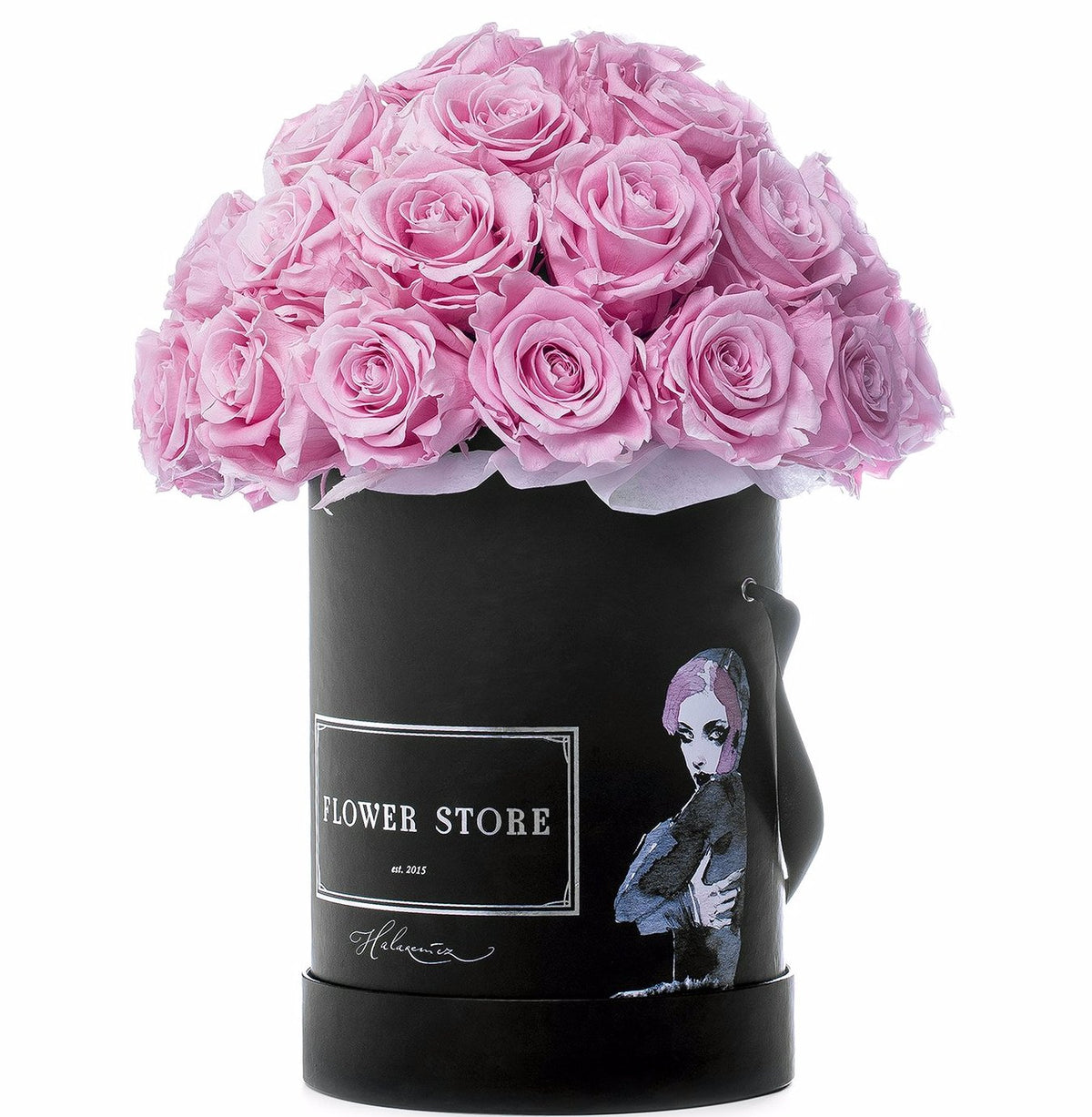 Black Hood Lady with pink roses - live flowers - flowerbox