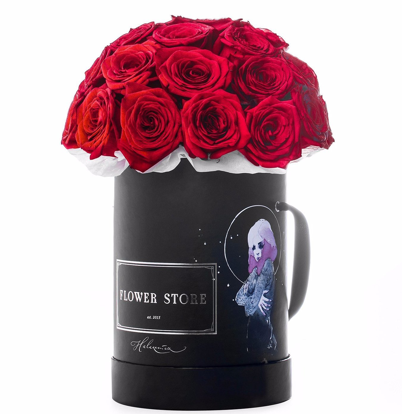 Black Moon Lady with red roses - vivid flowers
