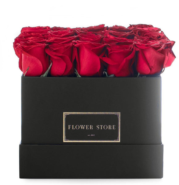 Wieczne róże czerwone kwadratowy czarny flowerbox - kwiaty z dostawą